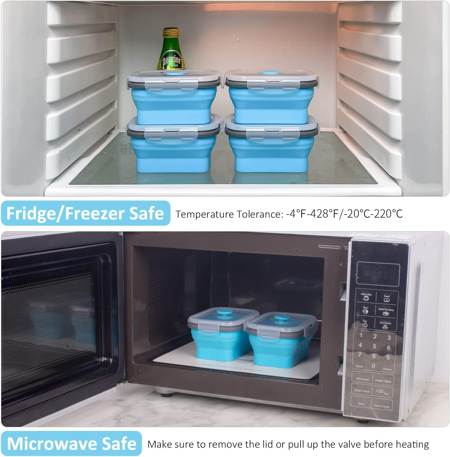 Collapsible Food Storage Containers with Airtight Lid and Vent Valve, Stacking Silicone Collapsible Storage Containers for Food, Microwave & Freezer & Dishwasher Safe, Blue, Small, Set of 4 image number 5