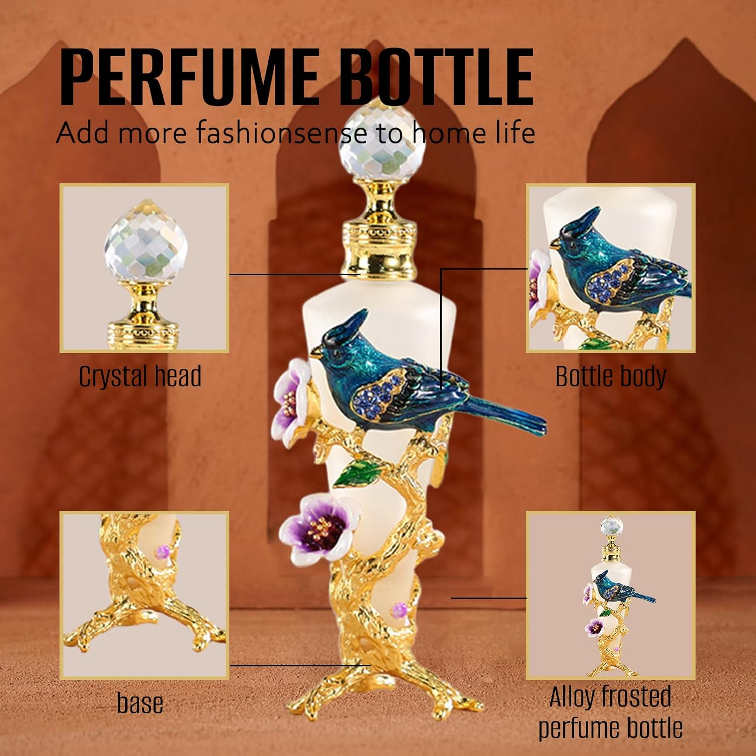 Joyeee Vintage Glass Perfume Bottle with Flower and Blue Bird, 1 Pack 25Ml Tall Perfume Bottles for Dresser Table Decor, Mother Day, Birthday Token for Colleague Friends Mom Grandma image number 6