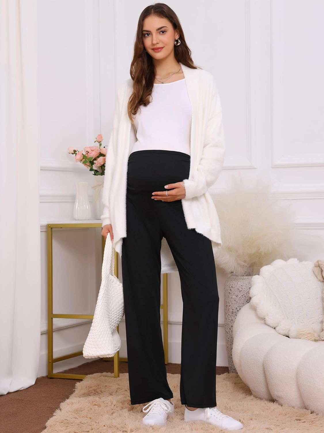 Womens Maternity Pants Ribbed Knit Palazzo over the Belly Work Lounge Wide Leg Pregnancy Trousers Black XL image number 2