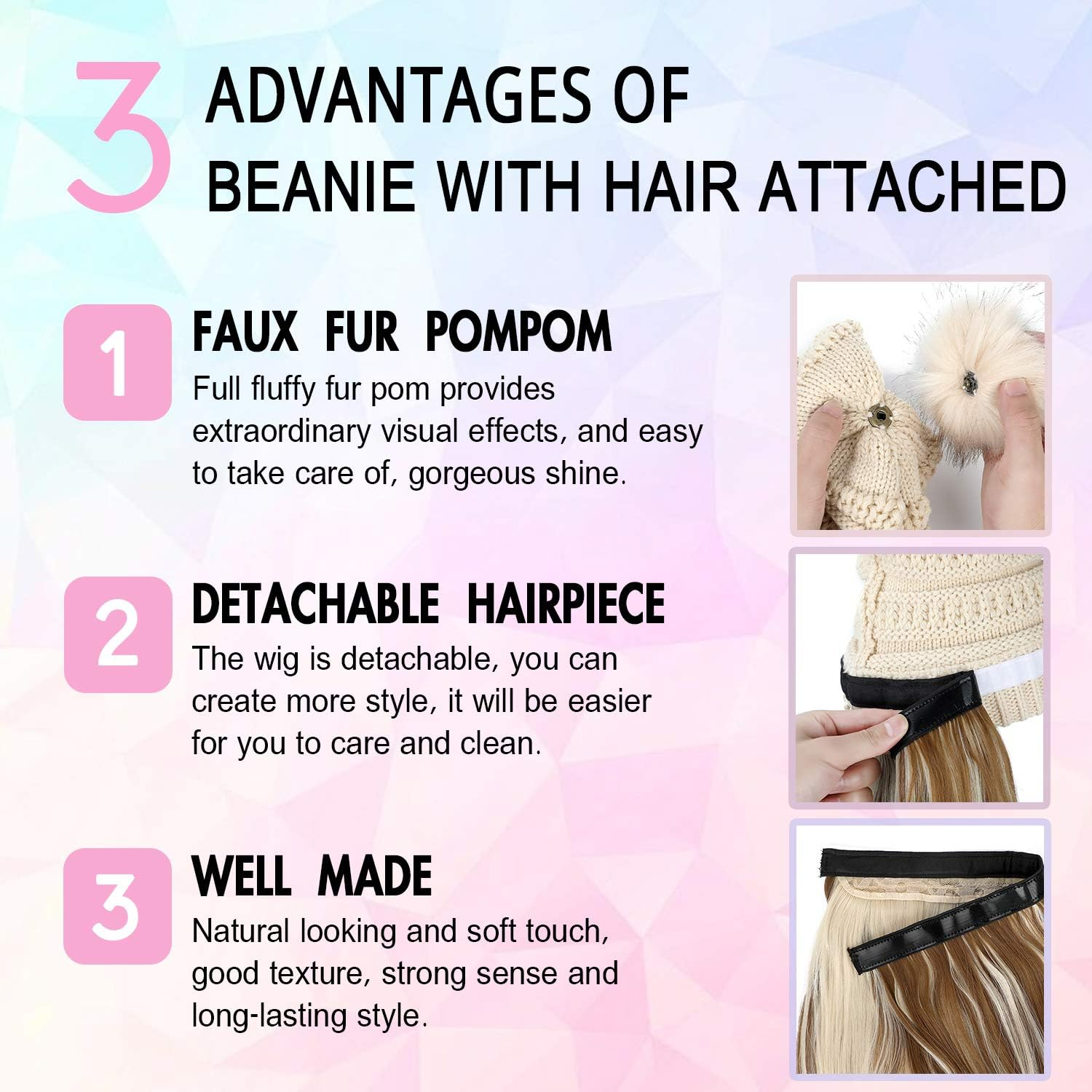 Aynnqueen Beanie with Hair Attached for Women Slouchy Cable Hat Wig Knit Beanie Winter Hat with 20" Removable Hair Extensions image number 1