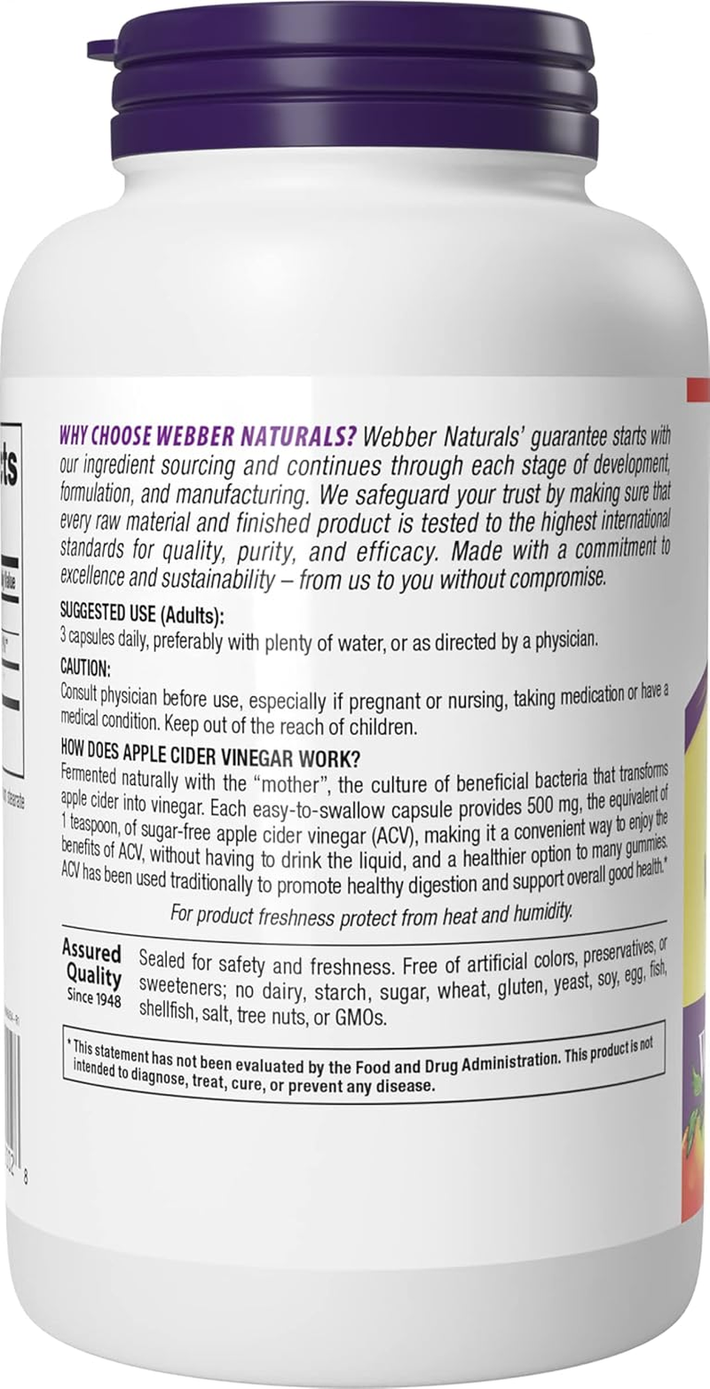 Webber Naturals Apple Cider Vinegar 1500Mg, High Potency, 240 Capsules, Non-Gmo and Gluten Free image number 4