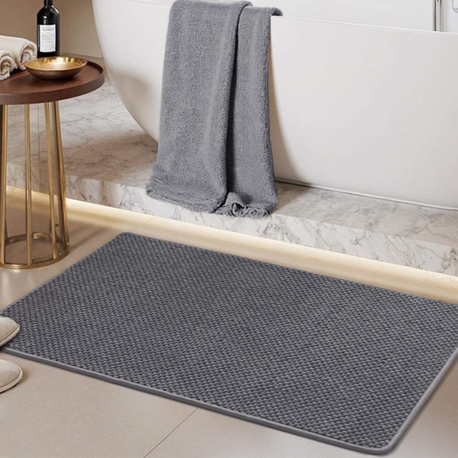 Padoor-Bath Mat-Super Absorbent Chenille Bathroom Mats-Rubber Backed Bath Mats for Bathroom Non Slip, Machine Washable Bathroom Rugs Front of Bathtub,Shower Room,Sink-43X61 CM Grey&Beige image number 5