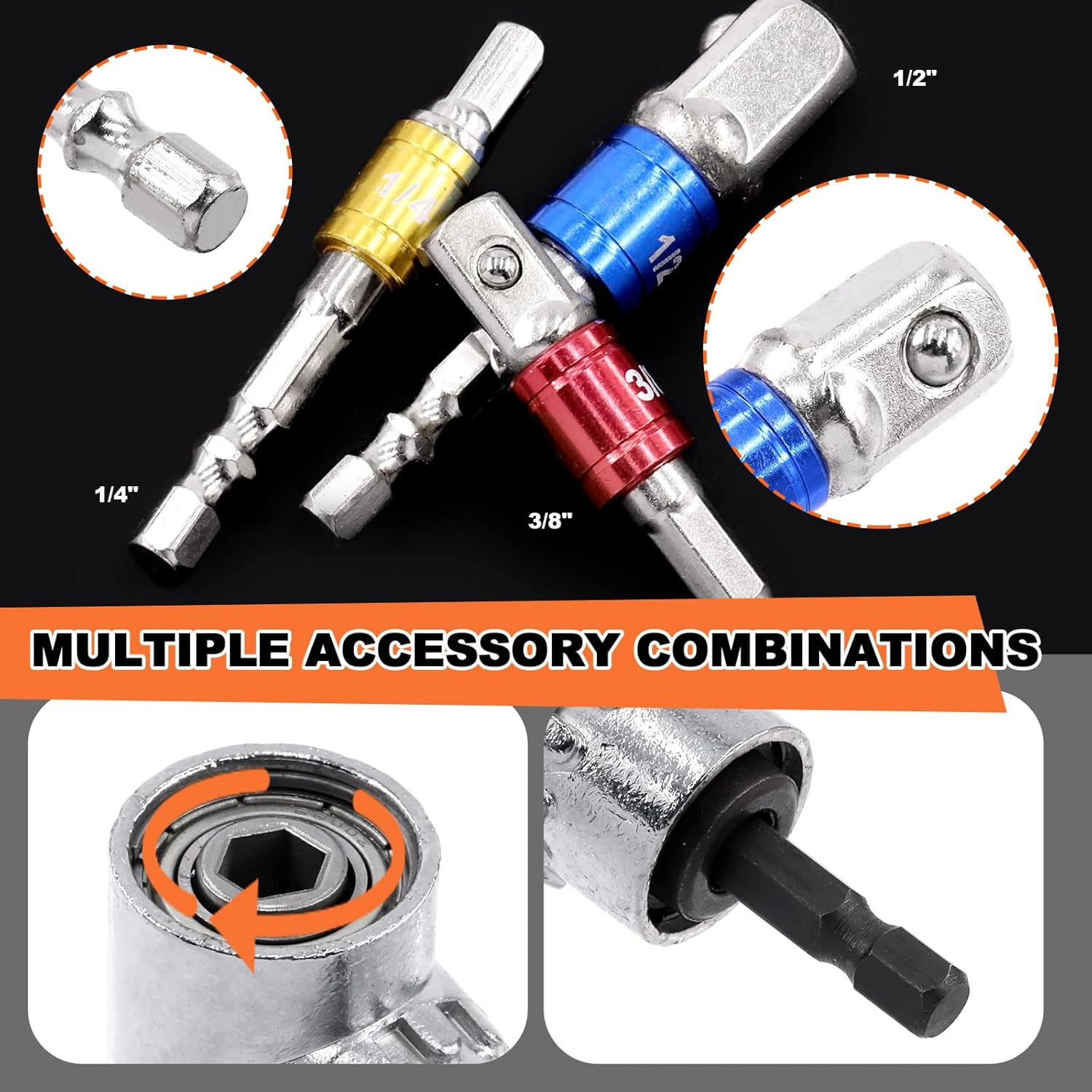 Tanstic 18Pcs Flexible Drill Bit Extension Set, Includes Bendable Drill Bit Extension, 105&deg; Right Angle Drill, Hex Shank Drill Bit Holder, 1/4" 3/8" 1/2" Hex Socket Adapter Set, Screwdriver Bit Kit image number 6