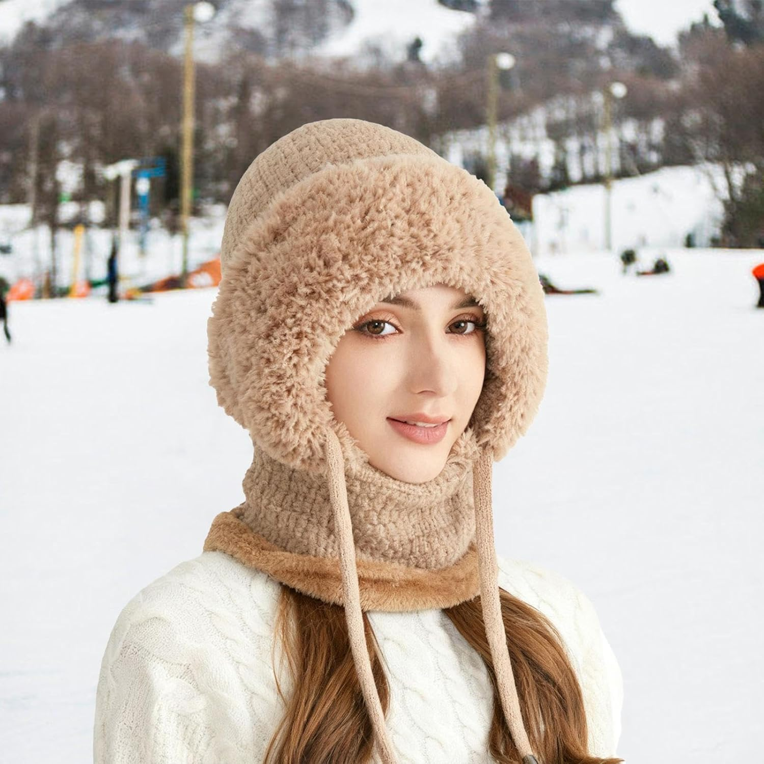 3 In1 Beanie Hat with Scarf and Face Cover - Winter Balaclava | Fall Winter Warm Knitted Windproof Beanie with Thick Soft Fleece Lining | One-Piece Hood Ski Maskes for Hiking, Travel, Skiing, Cycling - Creamy image number 7