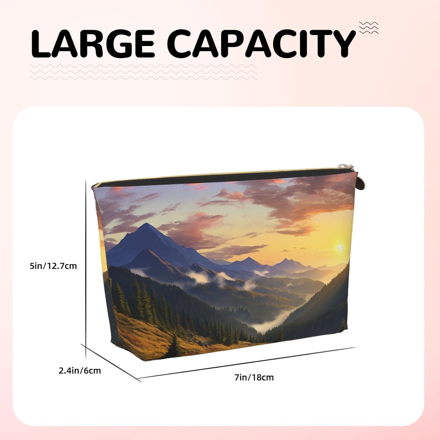 SDTYKHJ Large Capacity Makeup Bag for Women, Waterproof Portable Shaving Bag, Small Toiletry Bag Mountain Sunset Landscape Leather Cosmetic Organizer Bags for Travel, Gold, One Size image number 6