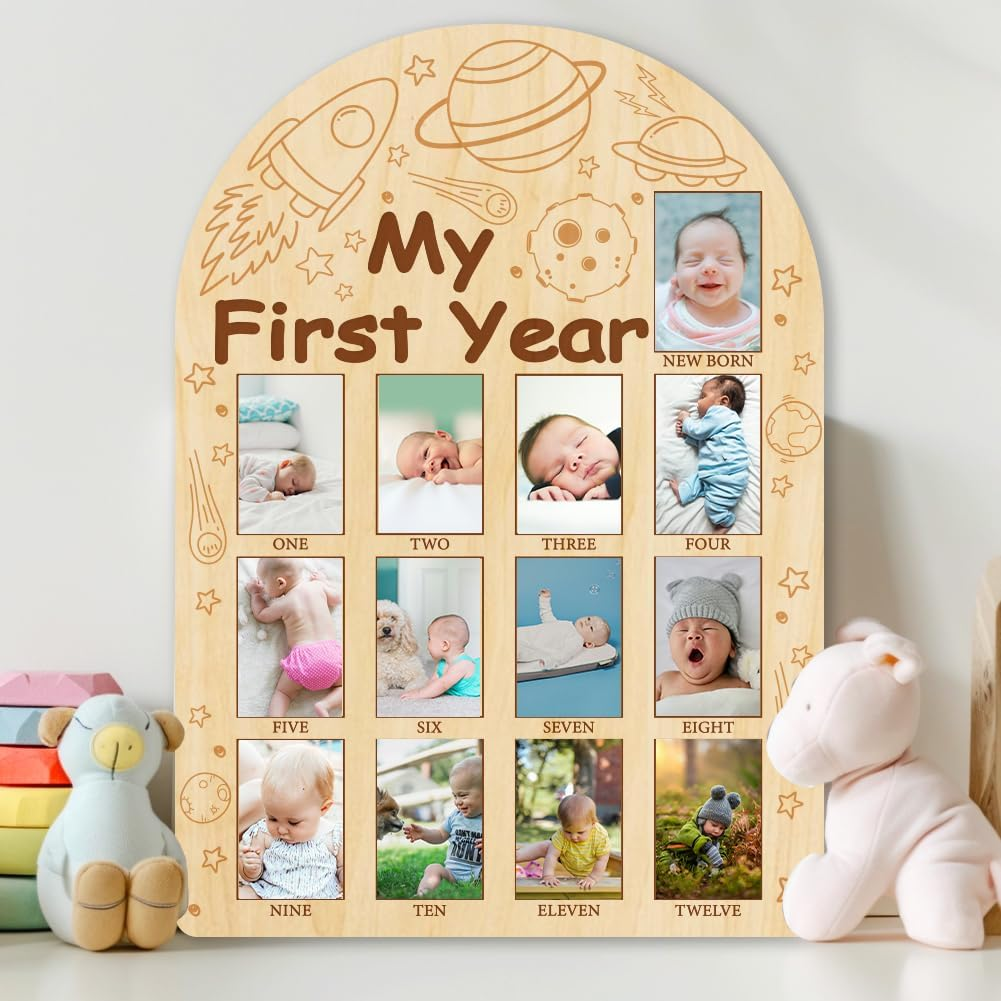 ORIGACH My First Year Baby Growth Photo Display Wood Board - 12 Months Newborn Milestones Photo Board - Neutral Baby Keepsake Board 1St Birthday Party Nursery Decor New Mom Gift - Space image number 5