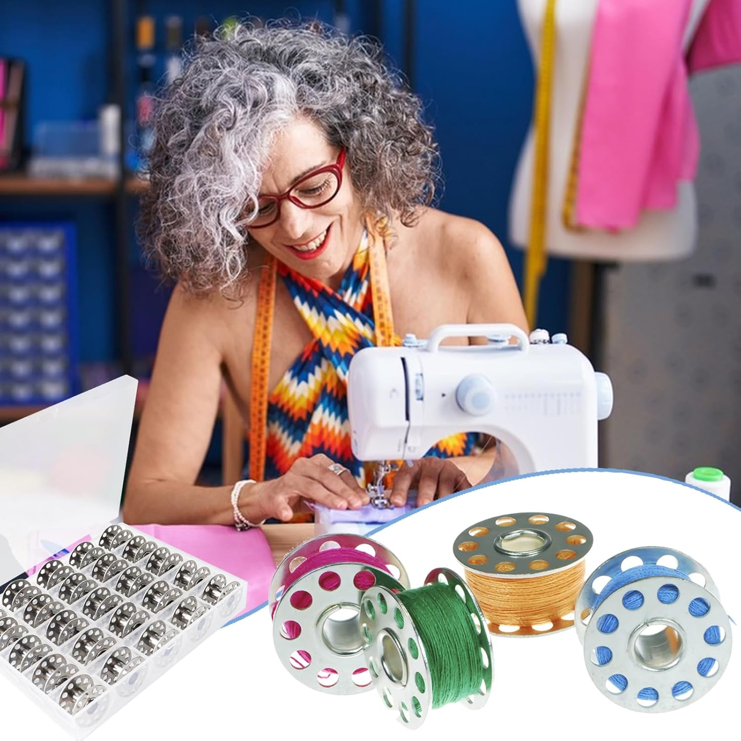 25 Pcs Metal Bobbins,Sewing Machine Bobbins Sewing Machine Accessories with Storage Box Class 15 Bobbins,Suitable for Singer Brother Bernina Kenmore Elna Babyloc Sewing Machine (Silvery) image number 3