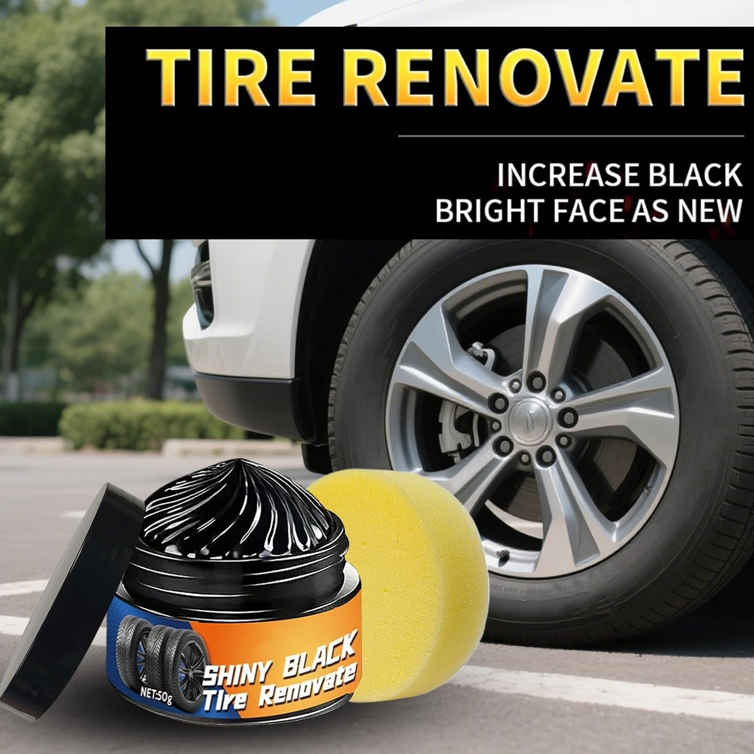 JIEBWCHA Car Tire Shine - Tyre Dressing Rim Care Wax | 50G Sponge Included Automotive Maintenance Restorer for Caravan Truck Garage Commuting Road Trip Minivan image number 3