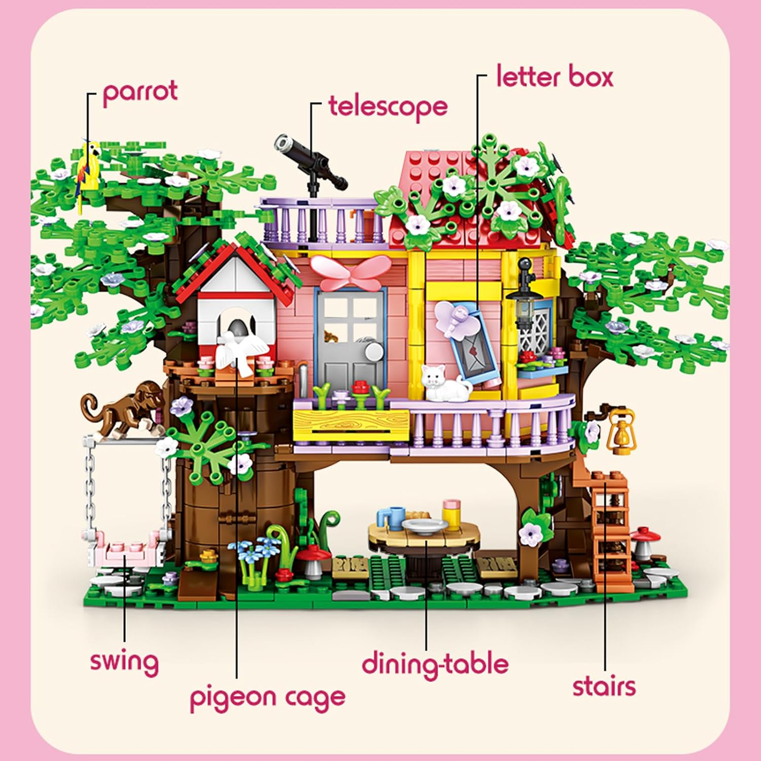 WOMA Tree House Building Set, 840 PCS Tree House Building Block Kit for Girls, Friendship Tree House Toy with Swing Animals Flowers, Polly Pockets for Girls 6-12 image number 3