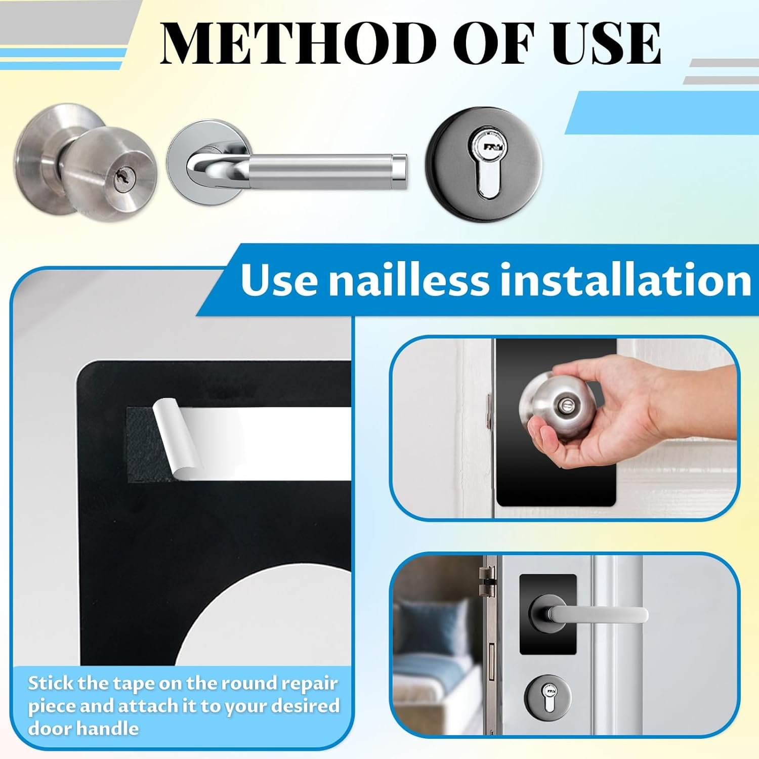 6 PCS Door Reinforcement Plate, Adhesive Door Handle Fixing Cover, Door Hole Cover Plate, Door Knob Backplate for Interior Doors (Black) - Silver image number 3