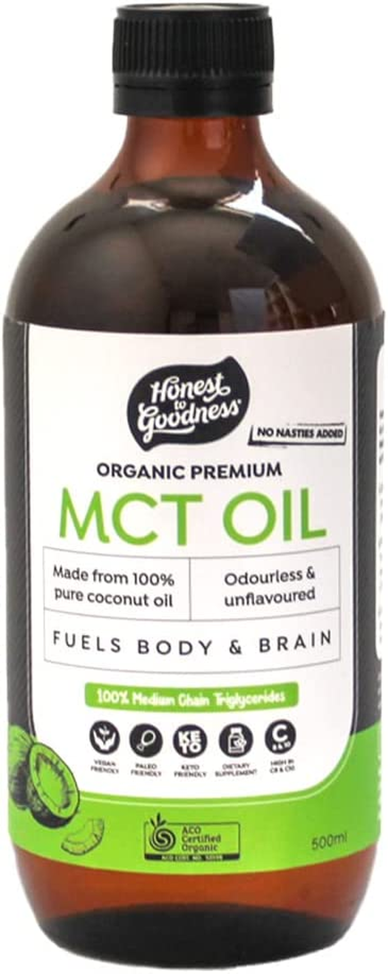 Honest to Goodness, Organic Premium MCT Oil, 500 Ml - Purified Form of Coconut Oil, Rich in Medium Chain Triglycerides. Odourless and Unflavoured. Fuel for the Body.