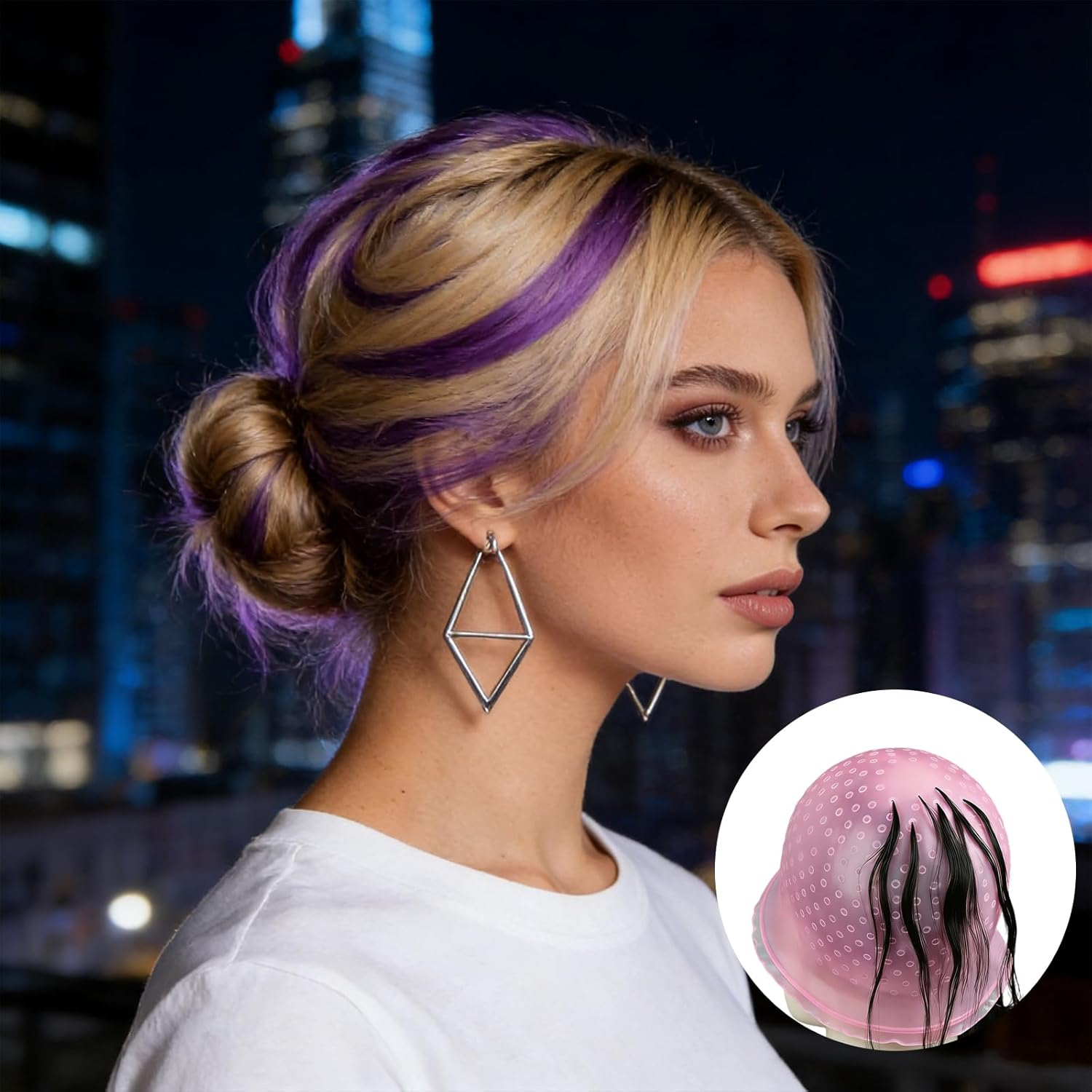 1Pcs Pink Silicone Highlight Cap​ with Steel Hook, Reusable Hair Dye Cap,​ Pre-Punched Holes, Boxed Highlights Cap​ for Salon Home Hair Coloring image number 6