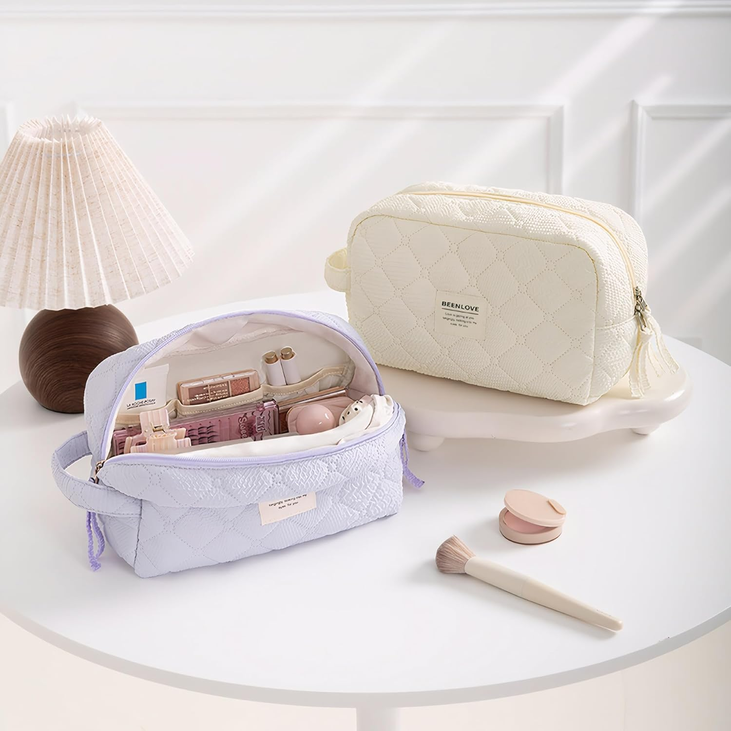 Quilted Cotton Makeup Bag Travel, Portable Toiletry Cosmetic Pouch Organiser (Off White)