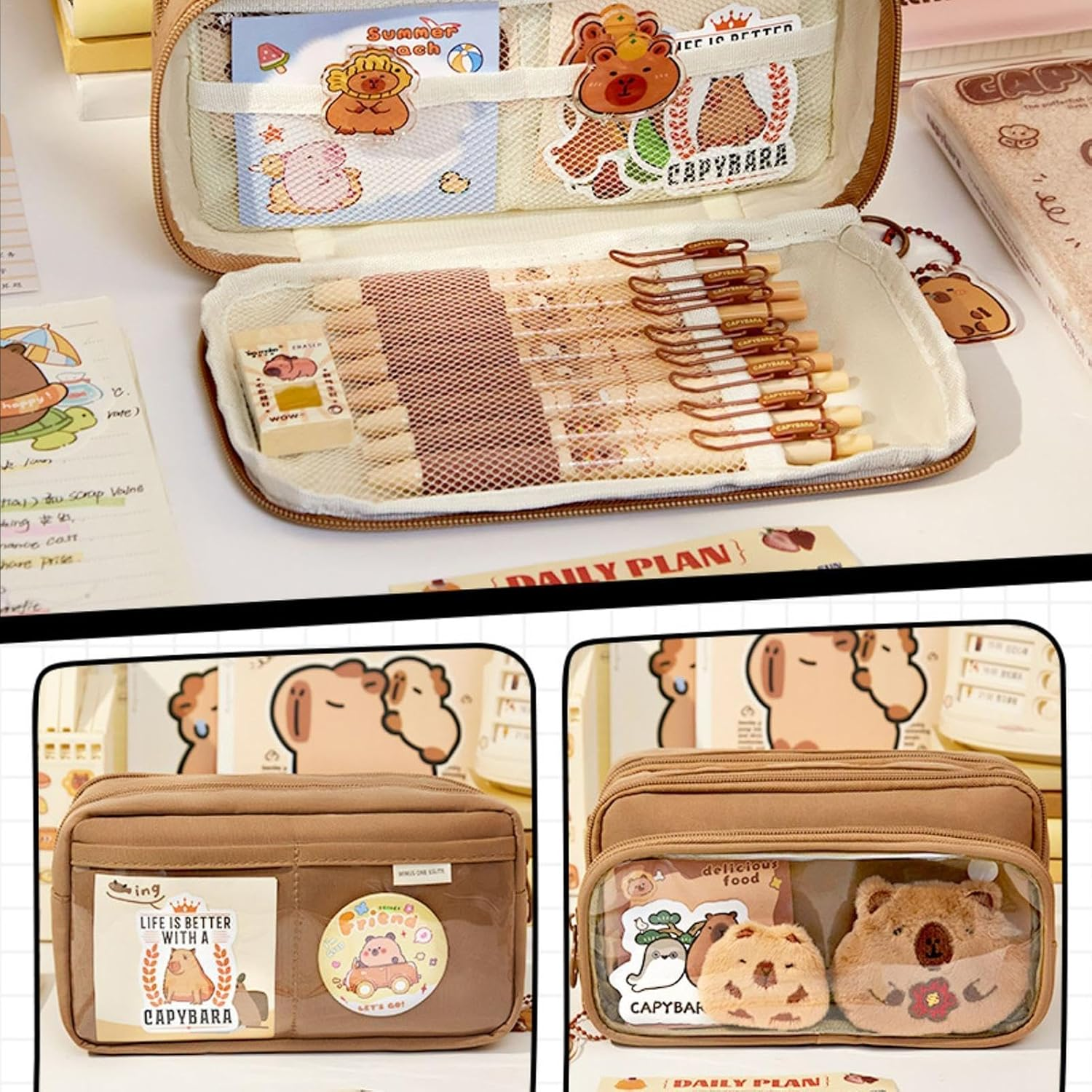 Cute Capybara Pencil Case, Pen Bag Capybara with 10 Compartments, Large Capacity Multi-Layer Clear Pencil Pouch with Brooch, Stickers, Pendant, and Memo Pad, Brown, Mass image number 6