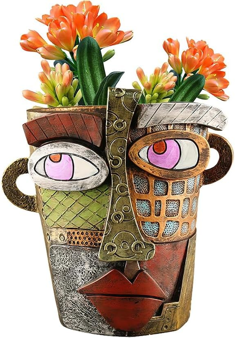 Picasso Brutalist Abstract Face Planters Pots Head, Unique Abstract Flower Pot, Funny Planters Decoration Flower Resin Face Flower Pot for Indoor and Outdoor Plants Colorful Funny Room Decor (Retro)