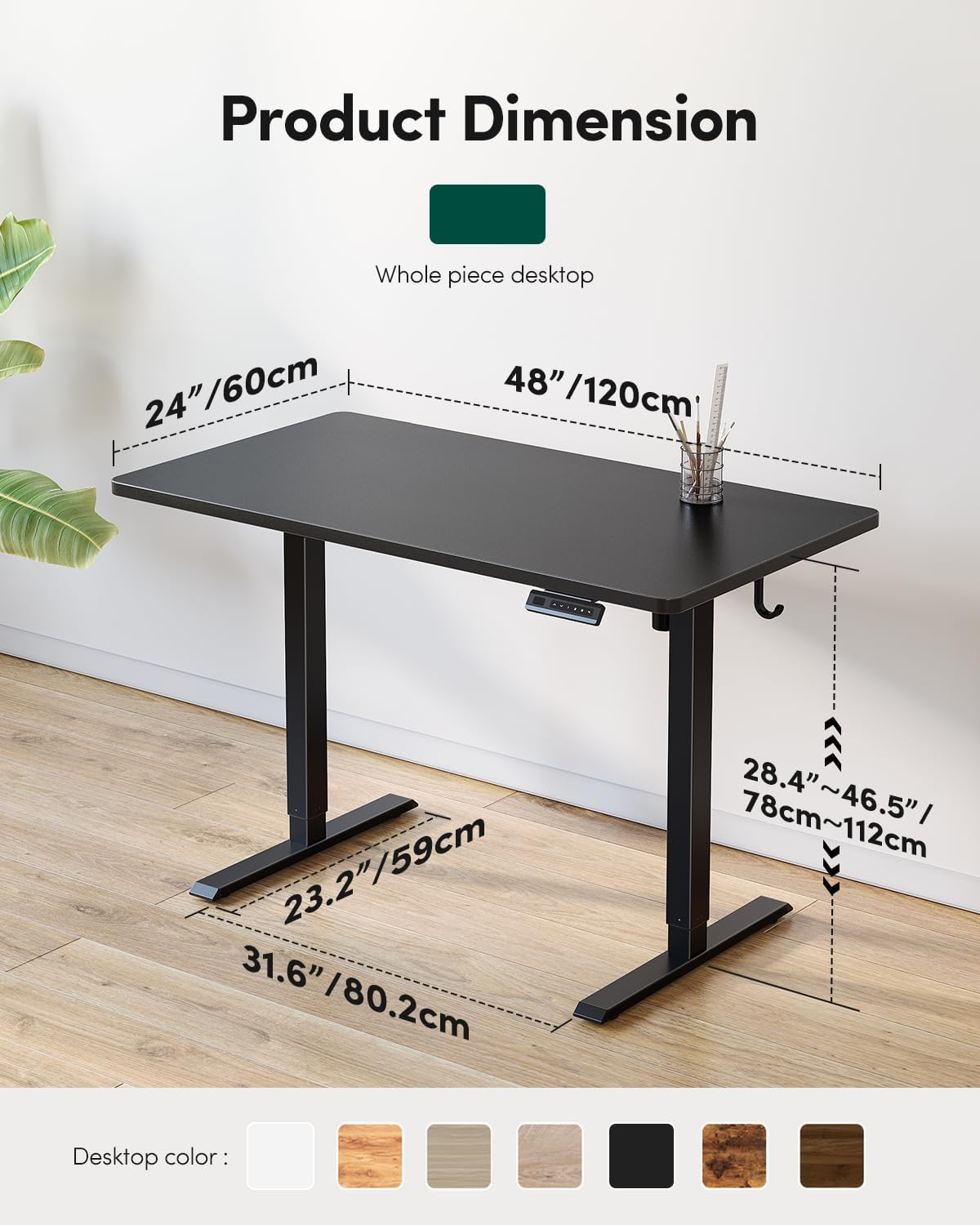 FEZIBO 48 &times; 24 Electric Standing Desk, Whole-Piece Desktop Adjustable Height Desk, One-Piece Quick Install Adjustable Sit Stand Desk, Black image number 3