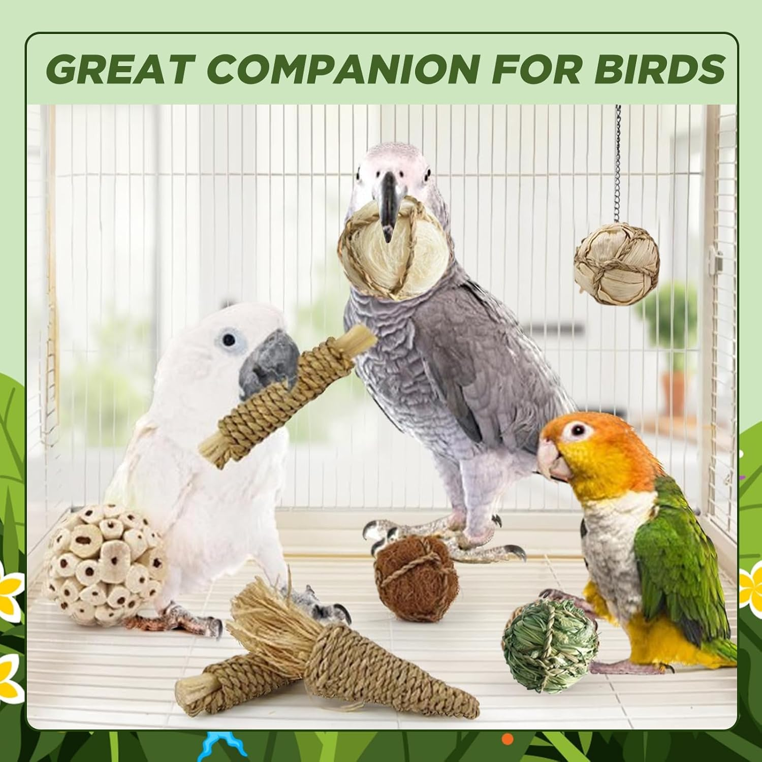SUSOO 9-Pcs Natural Bird Chew Toys Set, Safe Hangable Shredding Foraging Toys with Sola Balls, Rattan & Corn Vines for Parrots, Parakeet, Budgie, Conure, Love Birds, Cockatiel and Small Pets image number 2