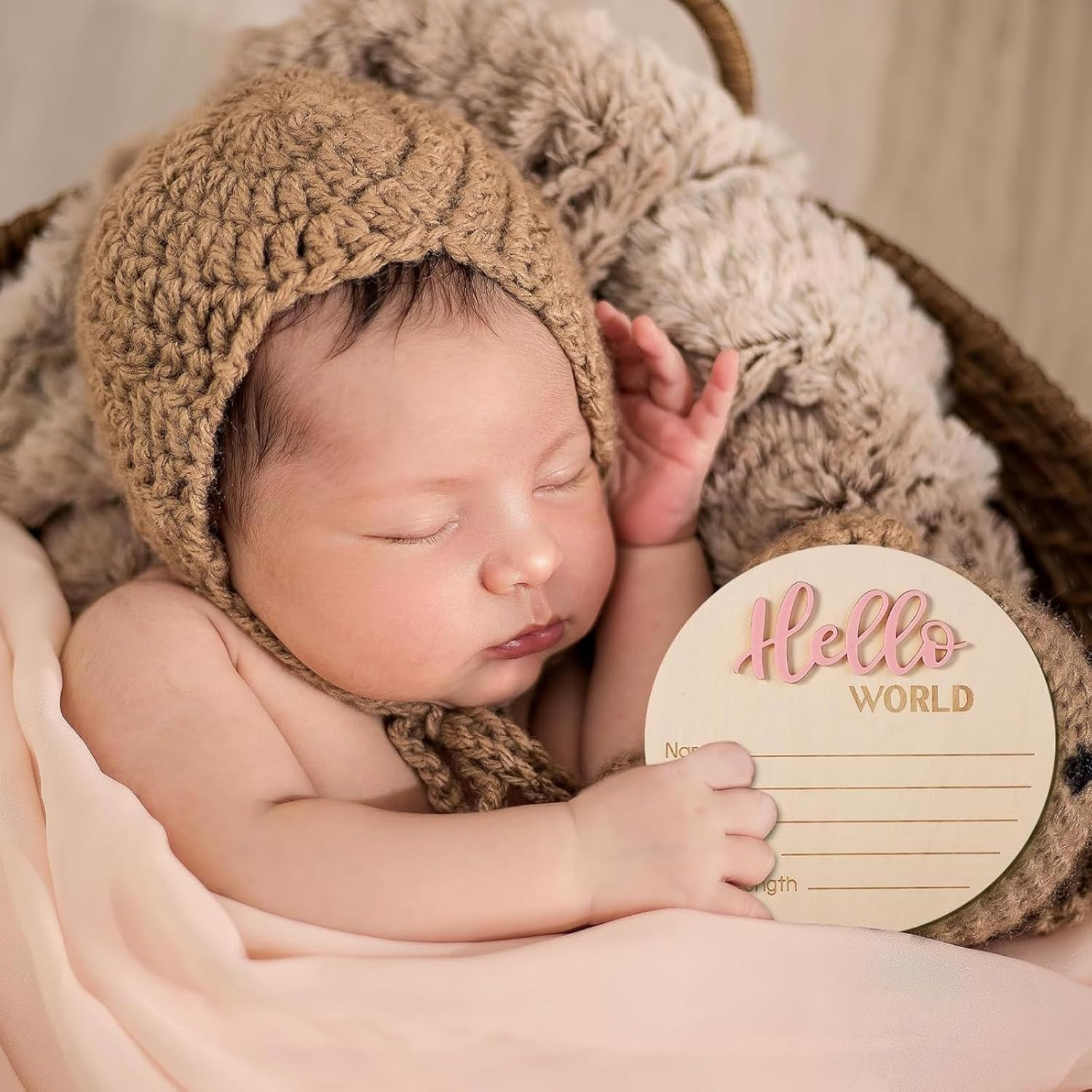 RIKONDA Wooden Baby Birth Announcement Sign, 15Cm Hello World Plaque for Newborn Photo Props, Nursery Wall Decor(Light Pink) image number 5