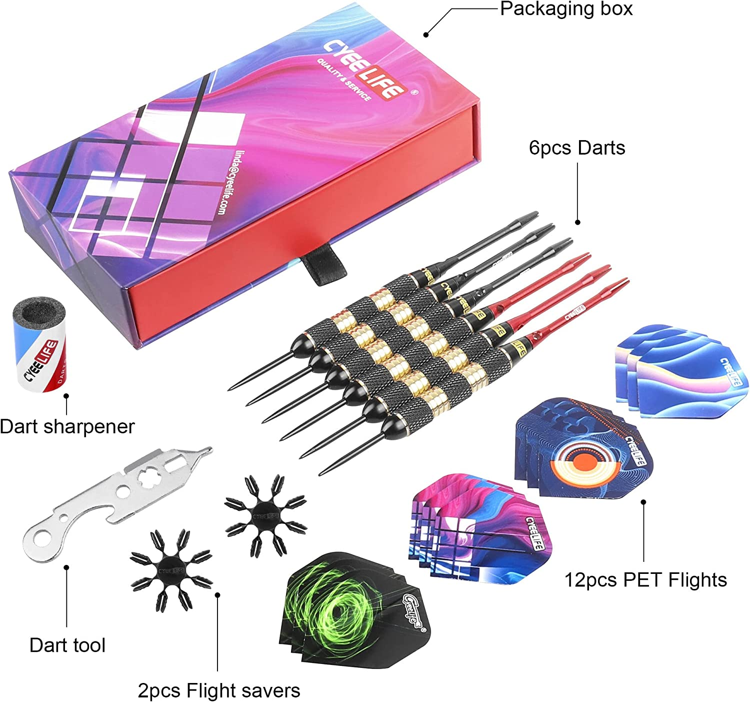 Cyeelife Professional Steel Tip Darts 32G with Aluminium Shafts,Sharpener,Tool and Extra Flights,Pro Brass Darts Set image number 1