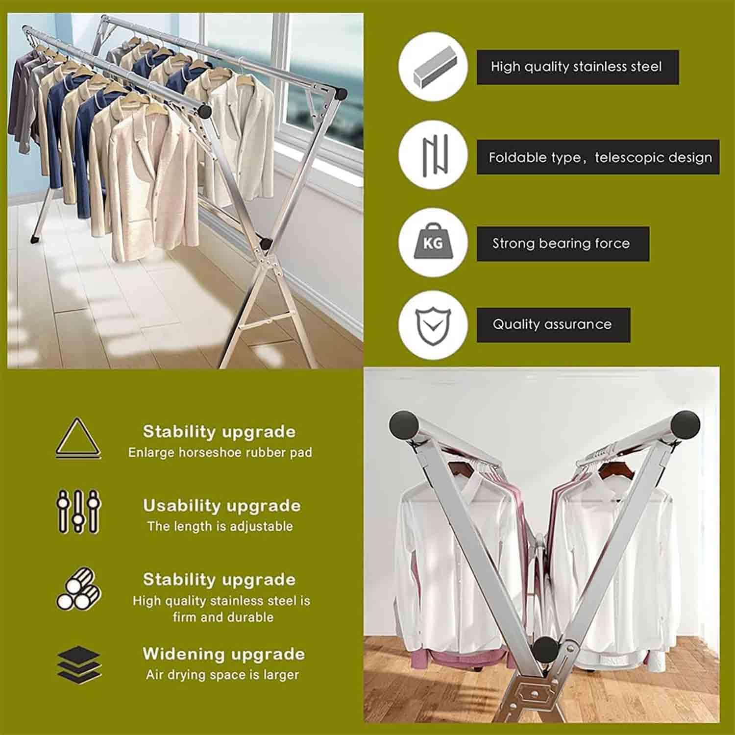 Yunking 79 Inches Clothes Drying Rack, Stainless Steel Garment Rack Adjustable and Foldable Space Saving Laundry Drying Rack for Indoor Outdoor with 20 Windproof Hooks image number 2