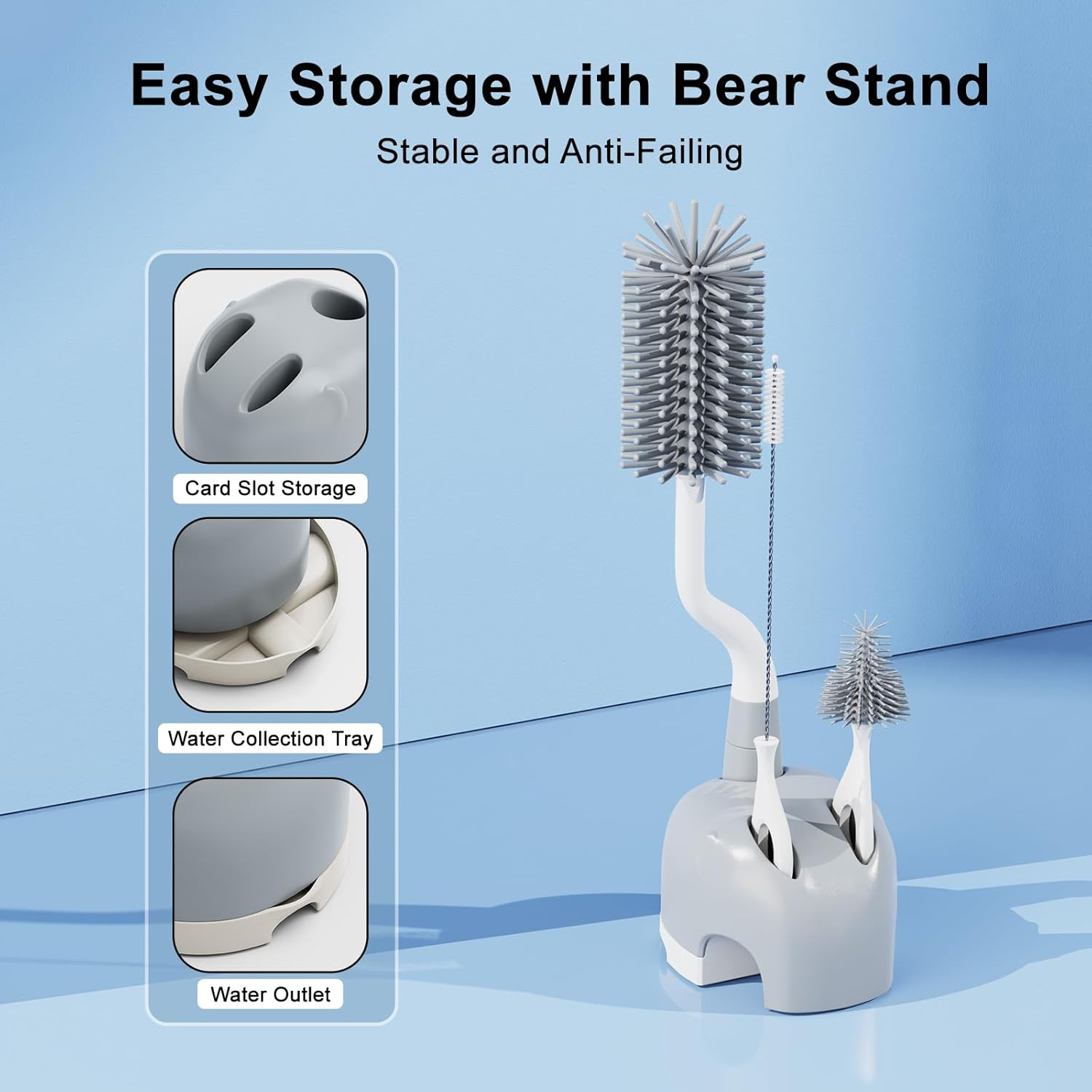 Silicone Bottle Brush Set with Stand, 360&deg; Rotating Bottle Cleaning Brush Cleaner Set, Long Handle 3 in 1 Multipurpose Silicone Baby Bottle Straw Cleaner Brush (Grey)