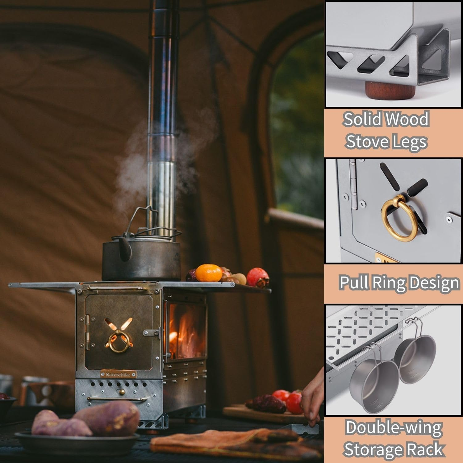 Naturehike 201 Stainless Steel Portable Outdoor Wood Burning Stove, 17.85Lbs Heater Burner with Fireproof Glass Window, Outdoor Camping Stove Oven for Back Packing, Fishing, Hiking, Picnic BBQ, Gray image number 1