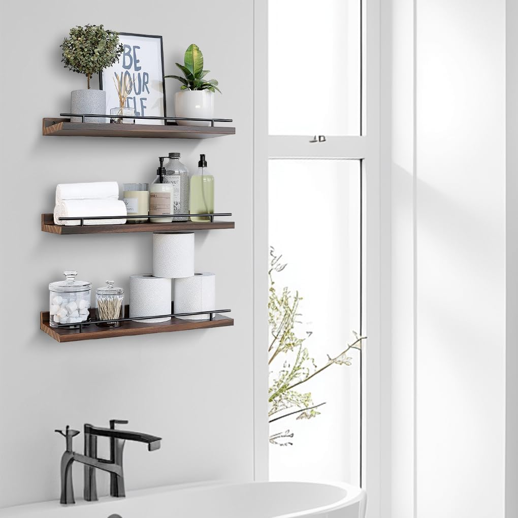 Delsol Floating Shelves with Metal Guardrail Set of 3, Wall Mounted Shelves for Wall Decor, Shelf for Bedroom, Bathroom, Kitchen, Living Room, Plants, Picture Frames, Art (White) image number 3