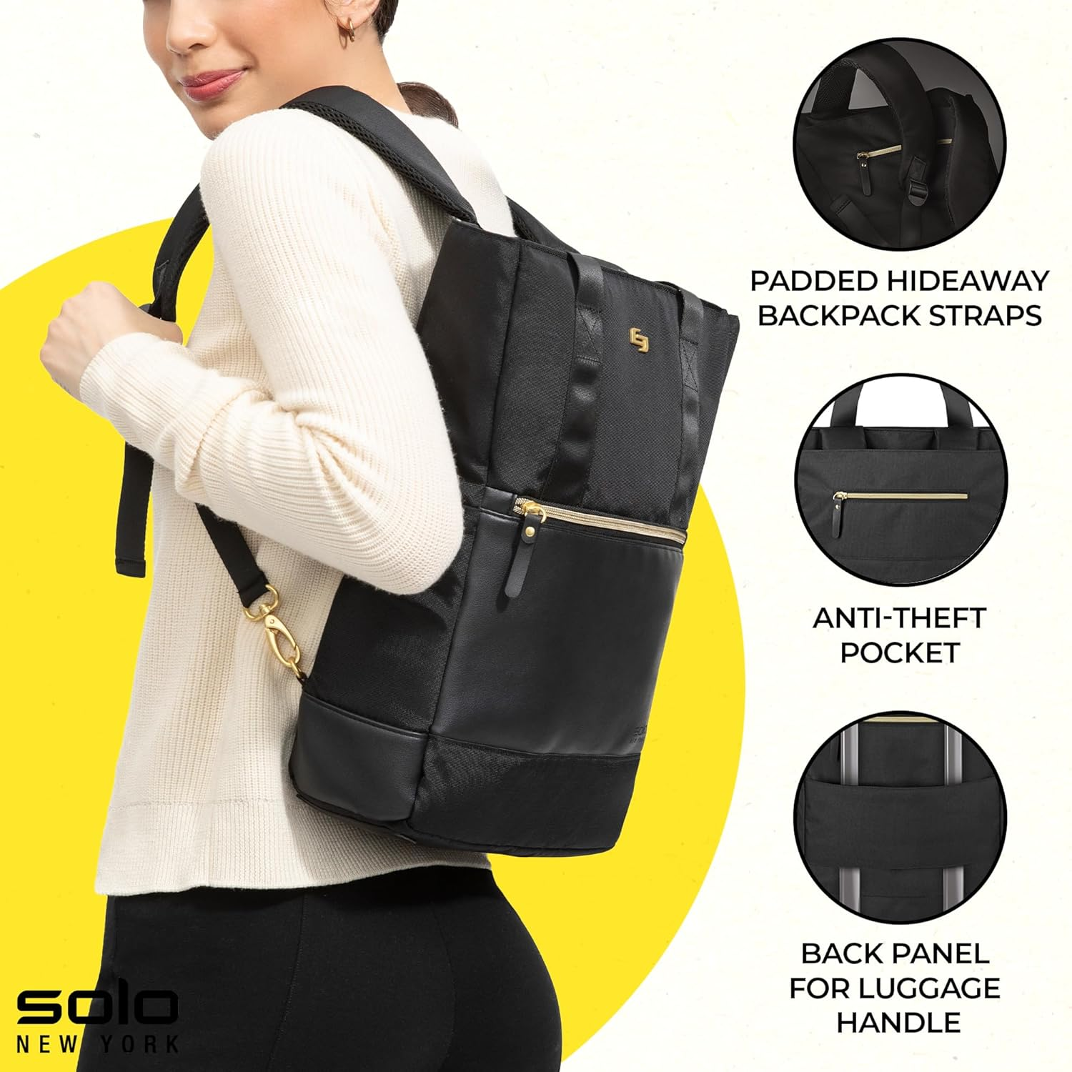 Solo Parker Hybrid 15.6 Inch Laptop Backpack Tote, Black, Black/Gold, 16X15X4.5, Ladies Tote Backpack image number 1