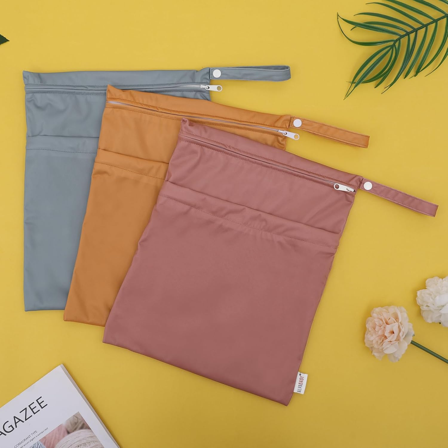 ALVABABY Cloth Diaper Wet Dry Bags Waterproof Reusable with Two Zippered Pockets Travel Beach Pool Daycare Soiled Baby Items Yoga Gym Bag for Swimsuits or Wet Clothes 3 Packs 3L-ZM11-AU - Dinosaurs 24 image number 5