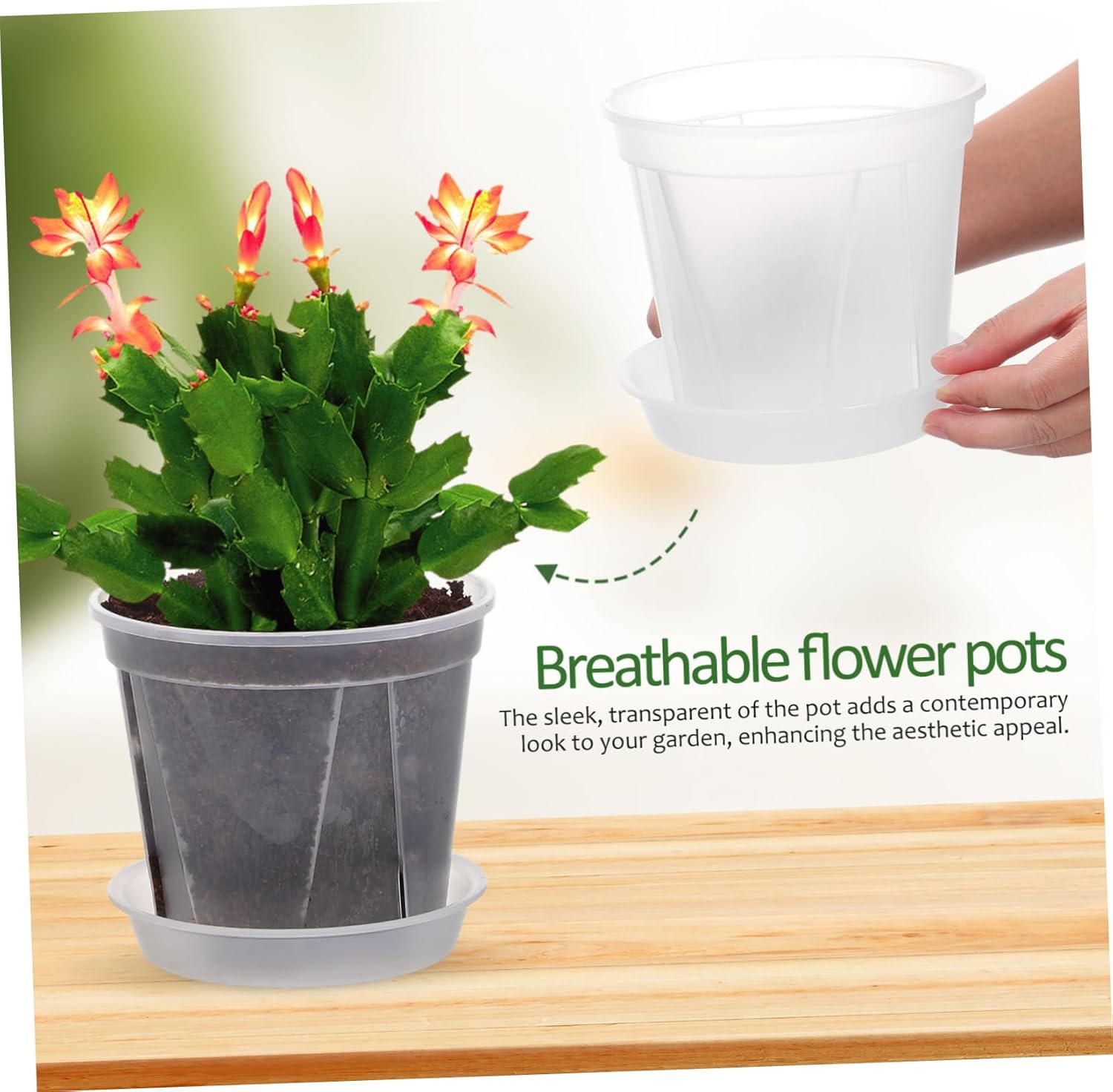 BCOATH Breathable Root Control Orchid Pots with Drainage Tray 0.3 Gallon Succulent Plant Pots Indoor and Outdoor Gardening 4Pcs Green image number 4