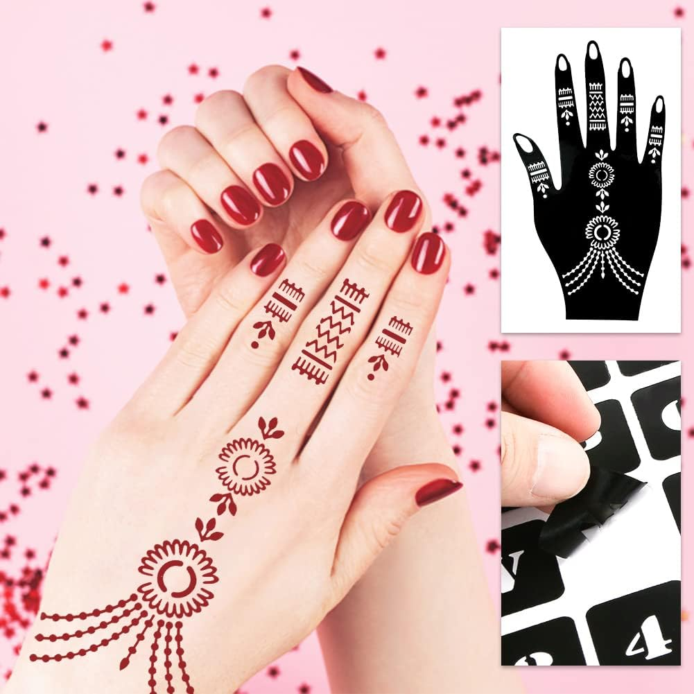 Koogel 18 Sheets Henna Tattoo Stencils, Temporary Flower Patterns Glitter Airbrush Tattoo Kits Arabian Stickers for Women and Girls Face Hand Paint Body Art image number 5
