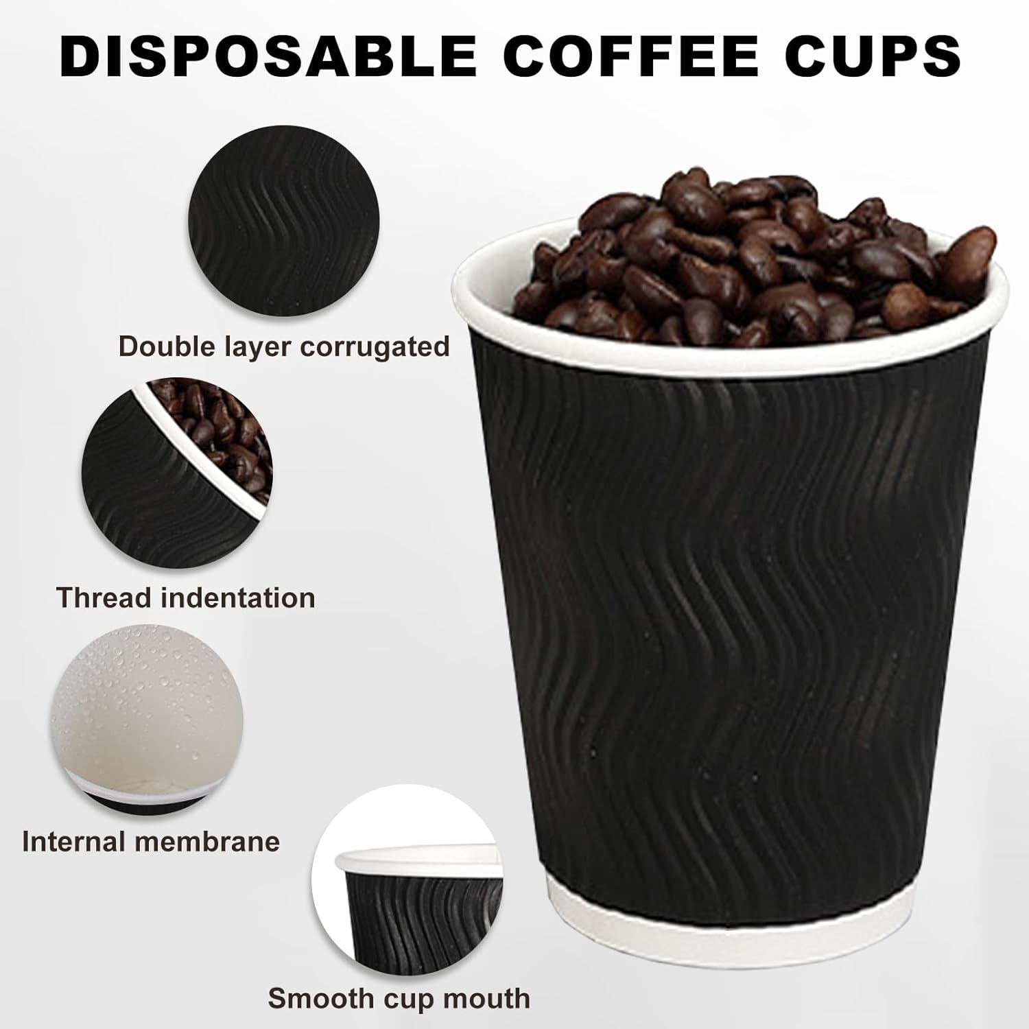 TNGAMFGT 12Oz Ripple Wall Paper Cups,100 Pcs Disposable Paper Coffee Cups with Lids,Hot Drinks, Cold Drinks, Juice Tea，Ideal for Home, Parties, Weddings（12Oz，100 Pack，Black） image number 4