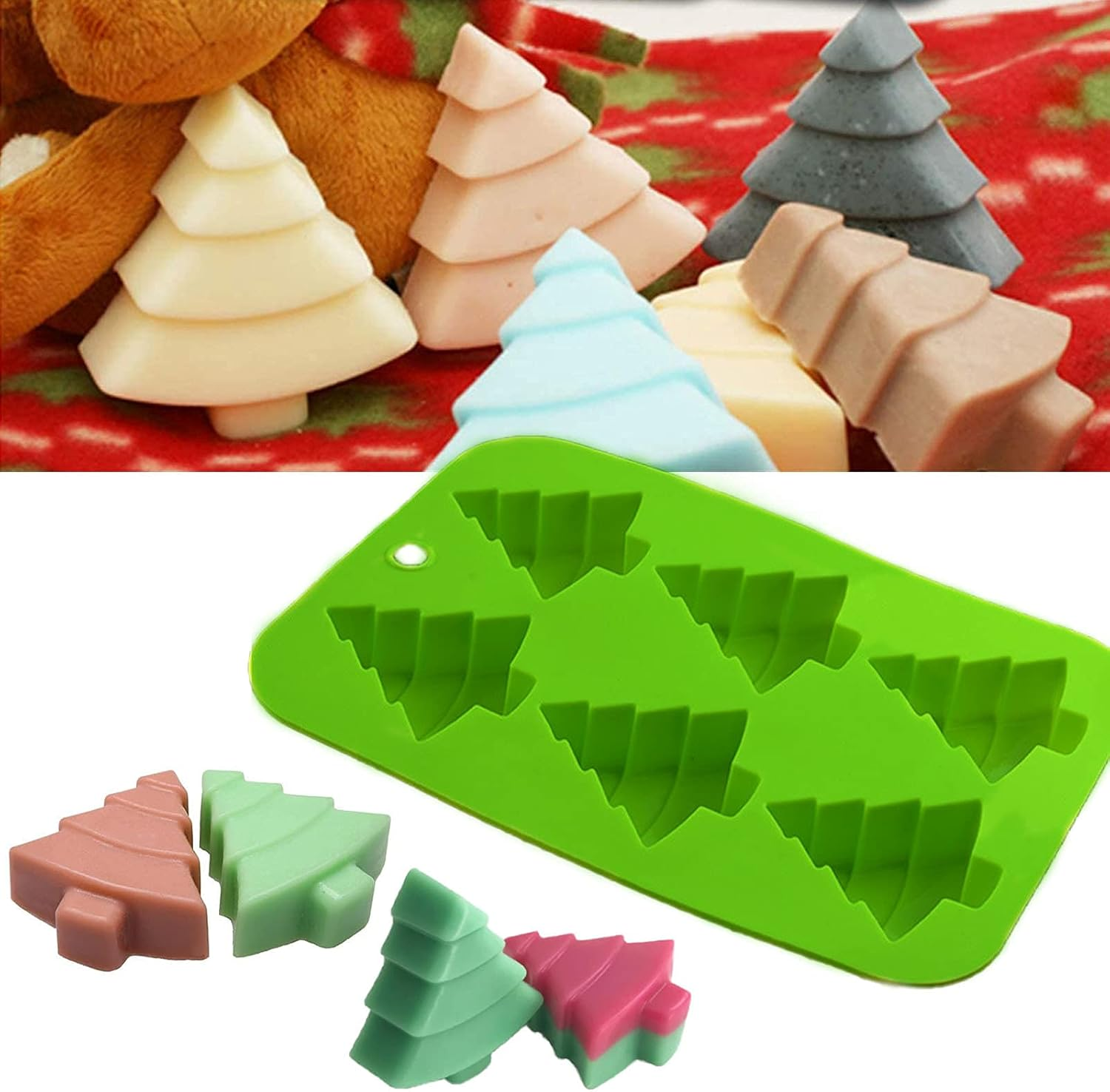 6 Christmas Tree Silicone Molds, Multipurpose Baking Trays, Non-Stick, Heat Resistant, Green