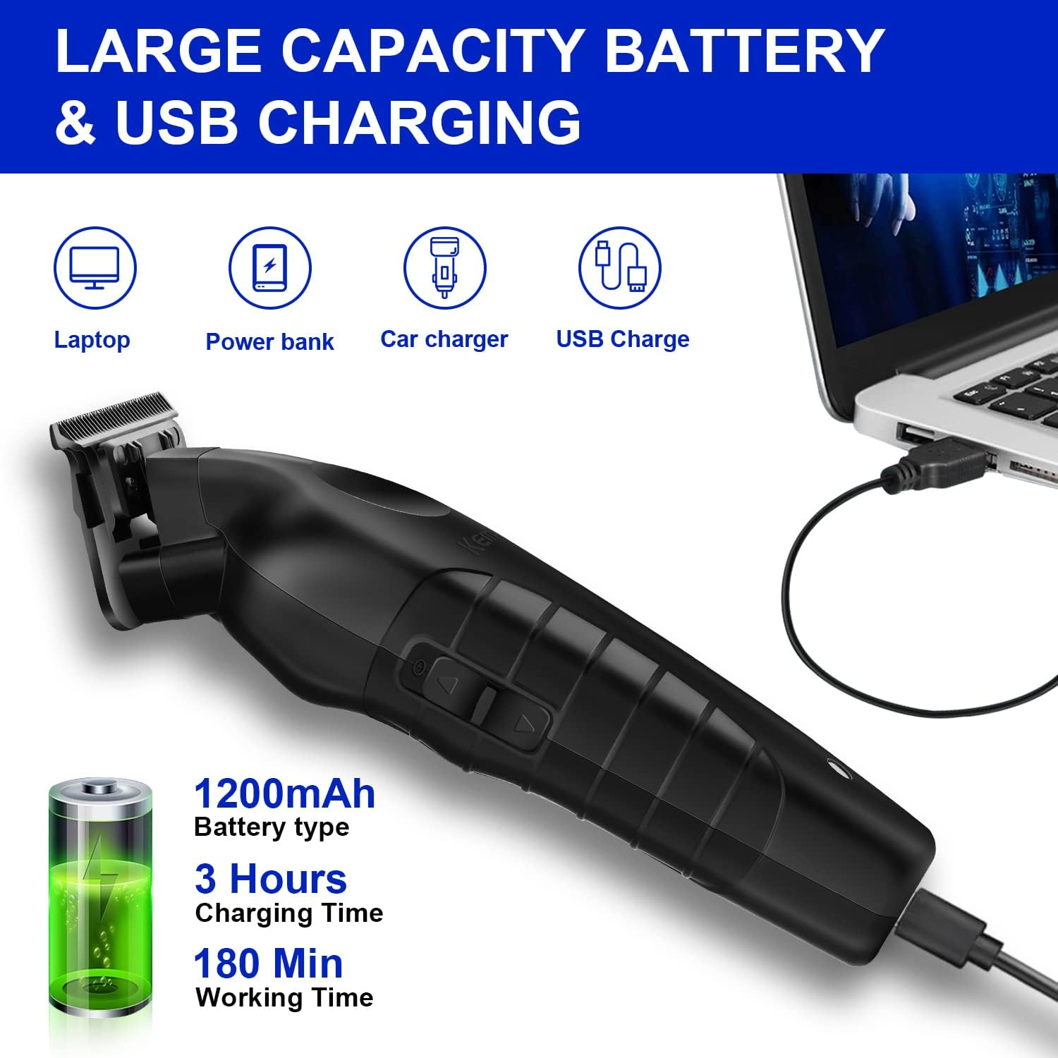 KEMEI Black Hair Clippers for Men - Cordless Clippers for Hair Cutting, USB Rechargeable Wireless Haircut Clippers - Km-2299 image number 3