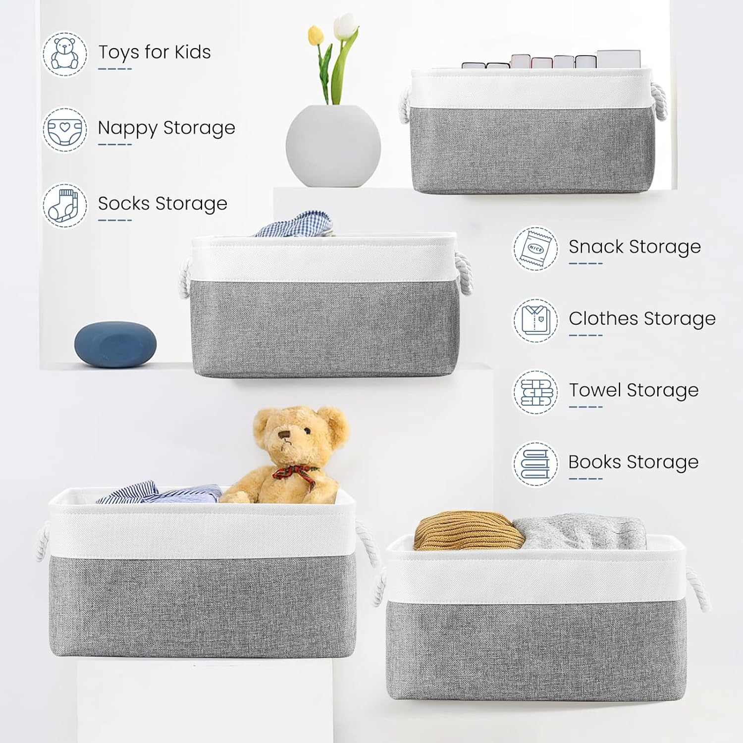 Patvingot Storage Baskets Canvas Storage Boxes with Handles, Fabric Storage Bins for Organizing Home and Clothes, Office (White/ Grey, Small-3 Pack) image number 1