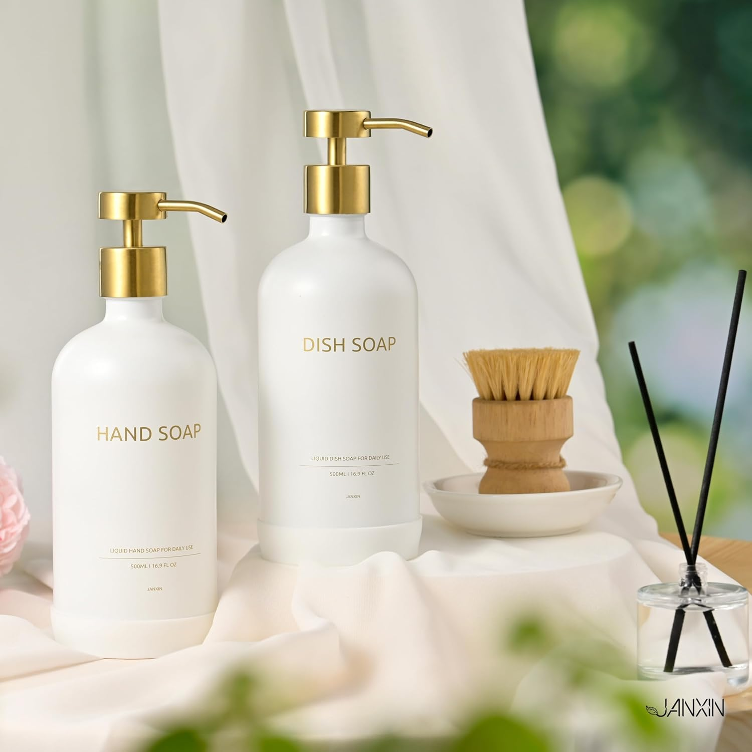 500 Ml Glass Soap Dispenser with Dispenser Tray, Soap Dispenser Set, Suitable for Kitchen, Shower (White + Gold Head) - White Bottle + Gold Head image number 5