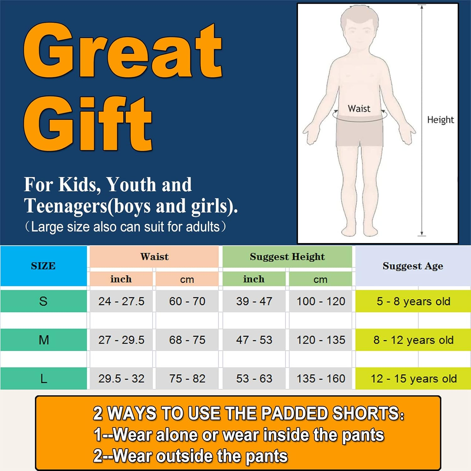 Kids Butt Pad Shorts for Skating Snowboarding Ski Hockey, Hip Tailbone Protective Padded Shorts for Youth Child image number 6