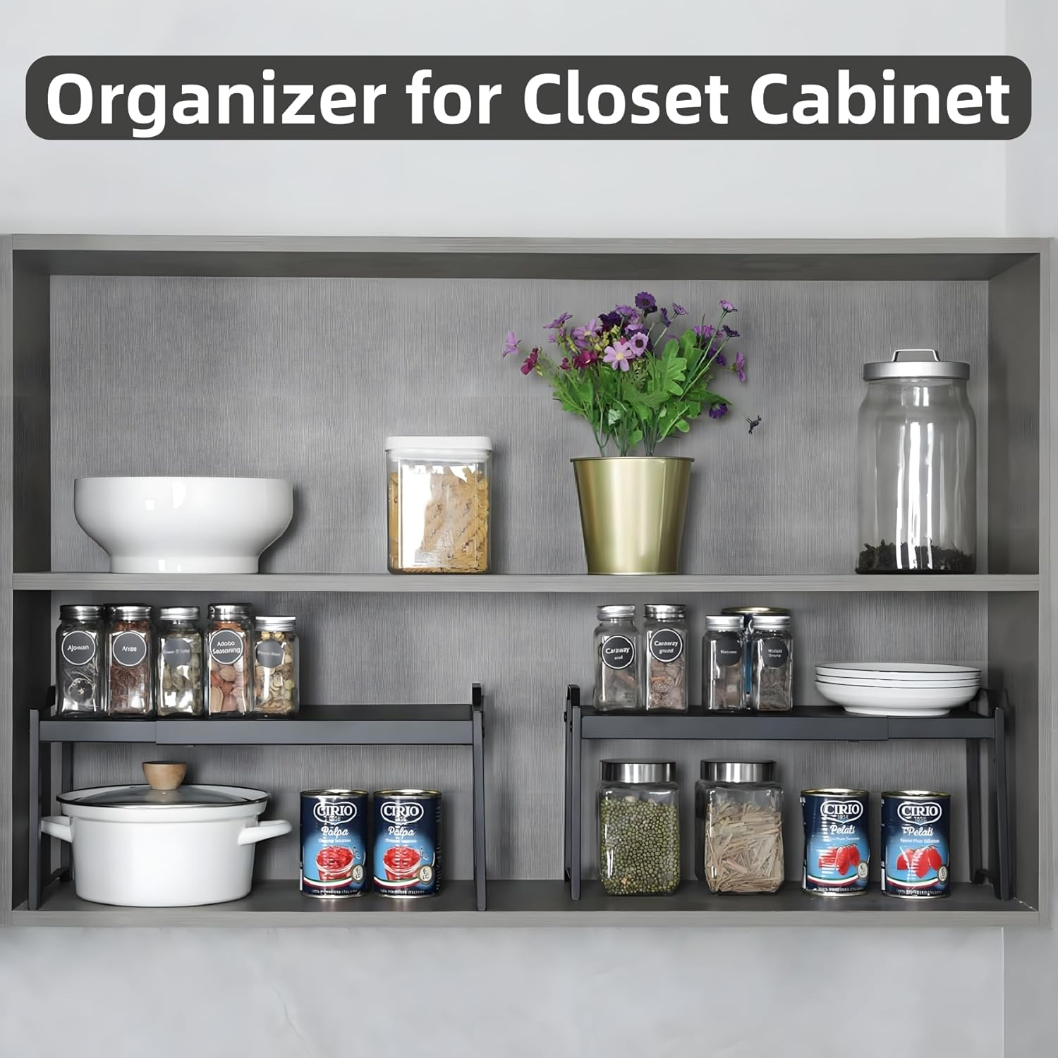 FORYUSE Set of 2 Stackable Cabinet Shelf Expandable Kitchen Storage Countertop Metal Organizer Adjustable Counter Shelves Cupboard Pantry Rack Stand image number 3