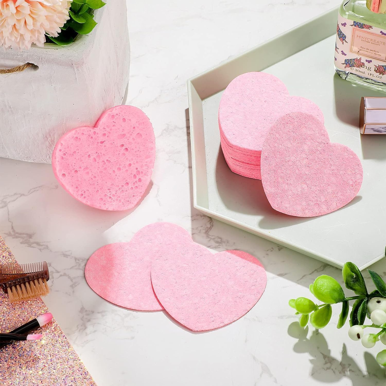 100 Pieces Facial Sponges, Heart Shape Compressed Face Sponge Natural Sponge Pads for Washing Face Cleansing Exfoliating Esthetician Makeup Removal (Pink) image number 1