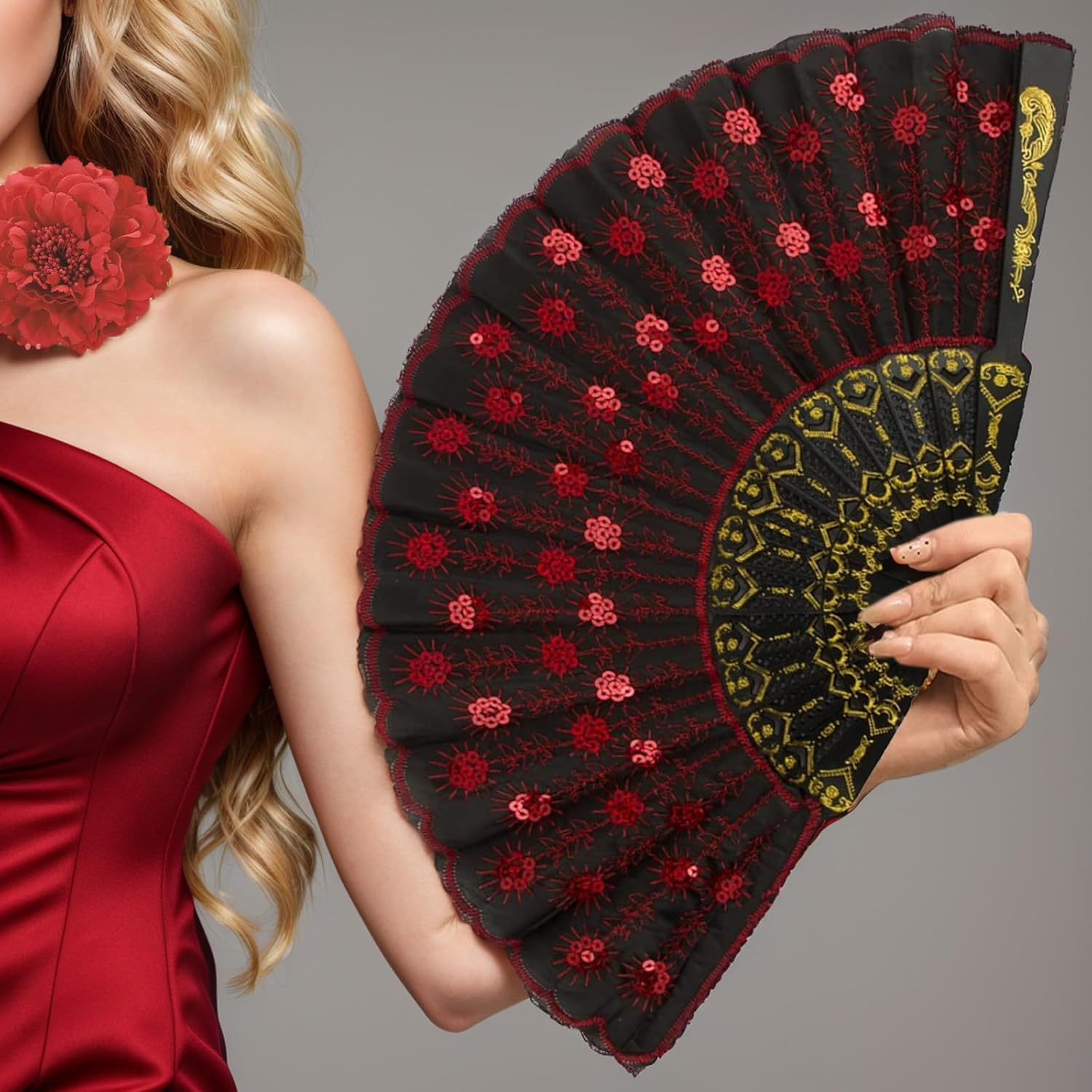 Axvxby B0DLNRM26R Axvxby 3 Piece Chinese Style Large Red Faux Flower Peony Hair Clip + Red Feather Headpiece + Folding Fan with Flowers for Women Hair image number 1