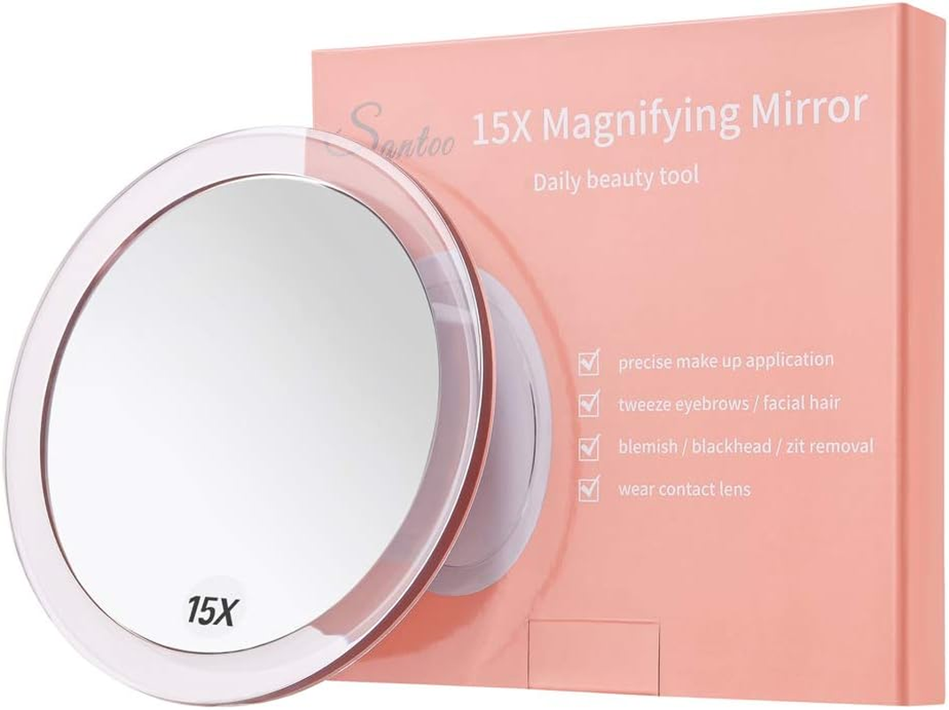 15 X Magnifying Mirrors (15 Cm Round) with 3 Mounting Suction Cups for Precise Makeup Eyebrows/Tweezers - Blackhead/Blemish Removal - Bathroom/Travel Makeup Mirror (Rose Gold)