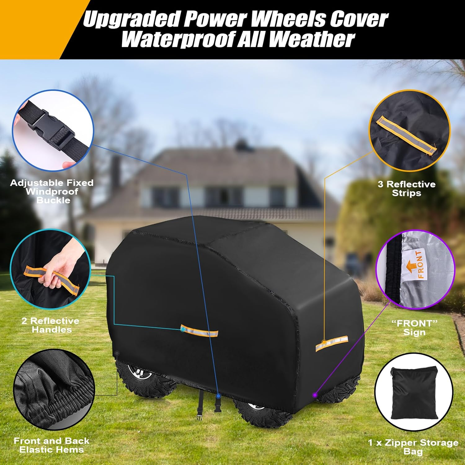 Large Kids Car Cover，Upgraded Power Wheels Covers Waterproof All Weather，Heavy Duty Kids Ride-On Car Cover with Nano Coating,Windproof Buckle and 3 Reflective Strips,Universal Kid Ride-On Accessories image number 6