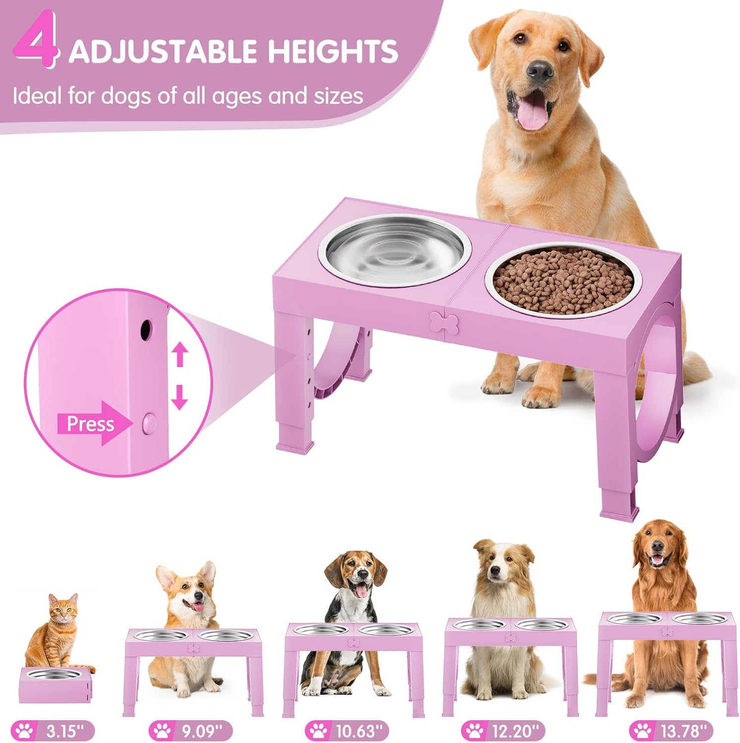 Elevated Dog Bowls for Medium Large Breed Dogs, 4 Height Adjustable Dog Raised Bowls Stand to 9.09", 10.63", 12.20", 13.78", 2 Thick Stainless Steel Dog Food Water Bowls, No Slip Dog Feeder, Pink image number 2