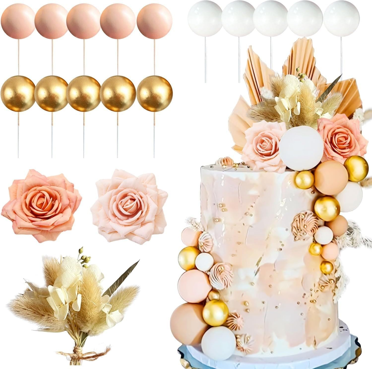 18Pcs Boho Flower Cake Topper Artificial Flower Foam Ball Cake Topper Decoration for Mother Women Girls Birthday Cake Decorations