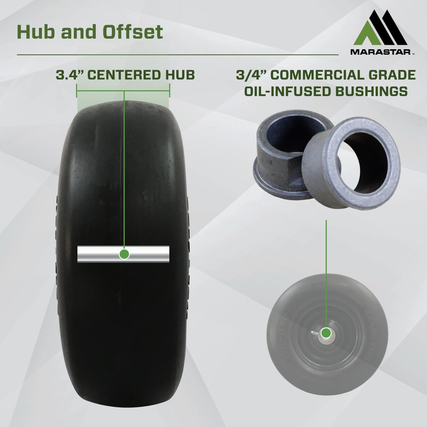 MARASTAR 00232 Universal Fit Flat Free 11 X4.00-5 Lawnmower Tire Assembly, 3.4" Centered Hub, 3/4" Bushing image number 5