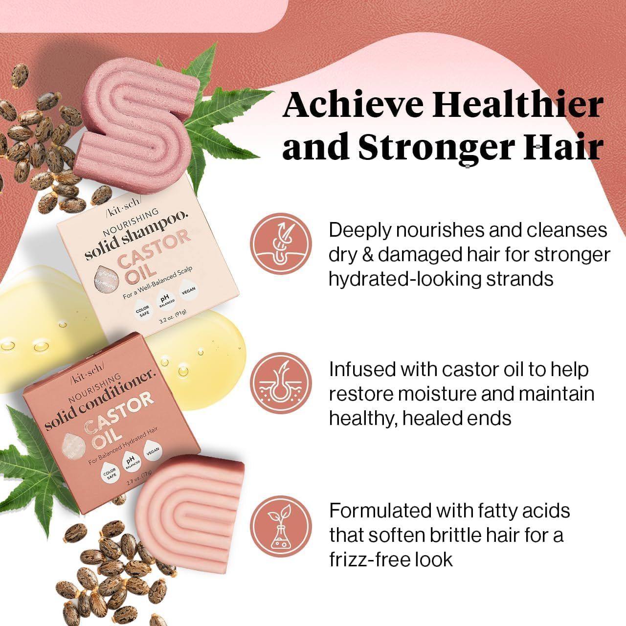 Kitsch Castor Oil Shampoo and Conditioner Set - Organic Castor Oil Hair Care for Dull & Dry Hair - Nourishing Bar Soap for Hair Growth - Free of Sulfate, Silicone, & Paraben - Made in USA - 2Pcs image number 5