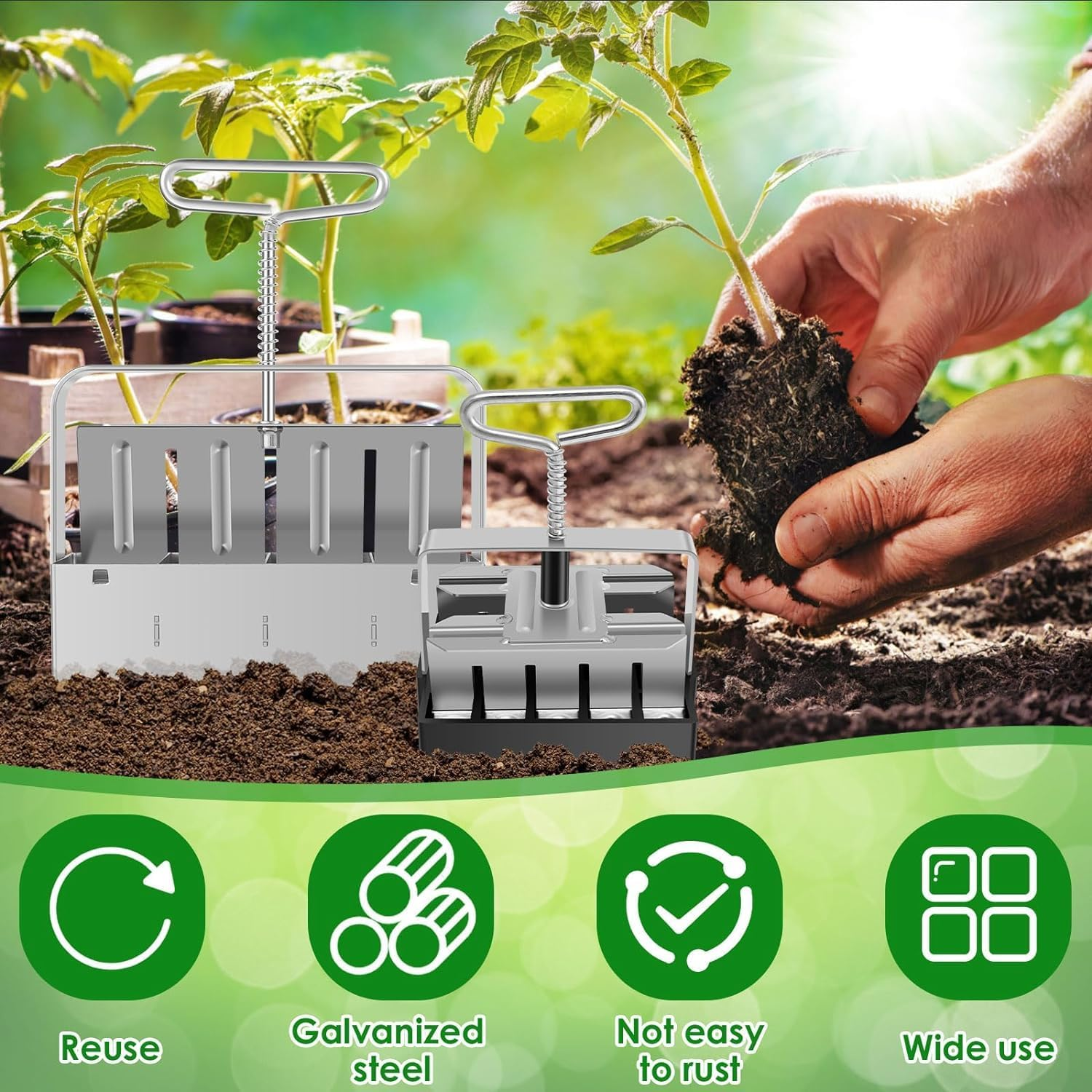 2Pcs Soil Blocker Set - 4 Cell/20Cell Seed Block Maker with Clip, Rustproof Handheld Garden Tool with Handle for Seedlings and Cuttings image number 2