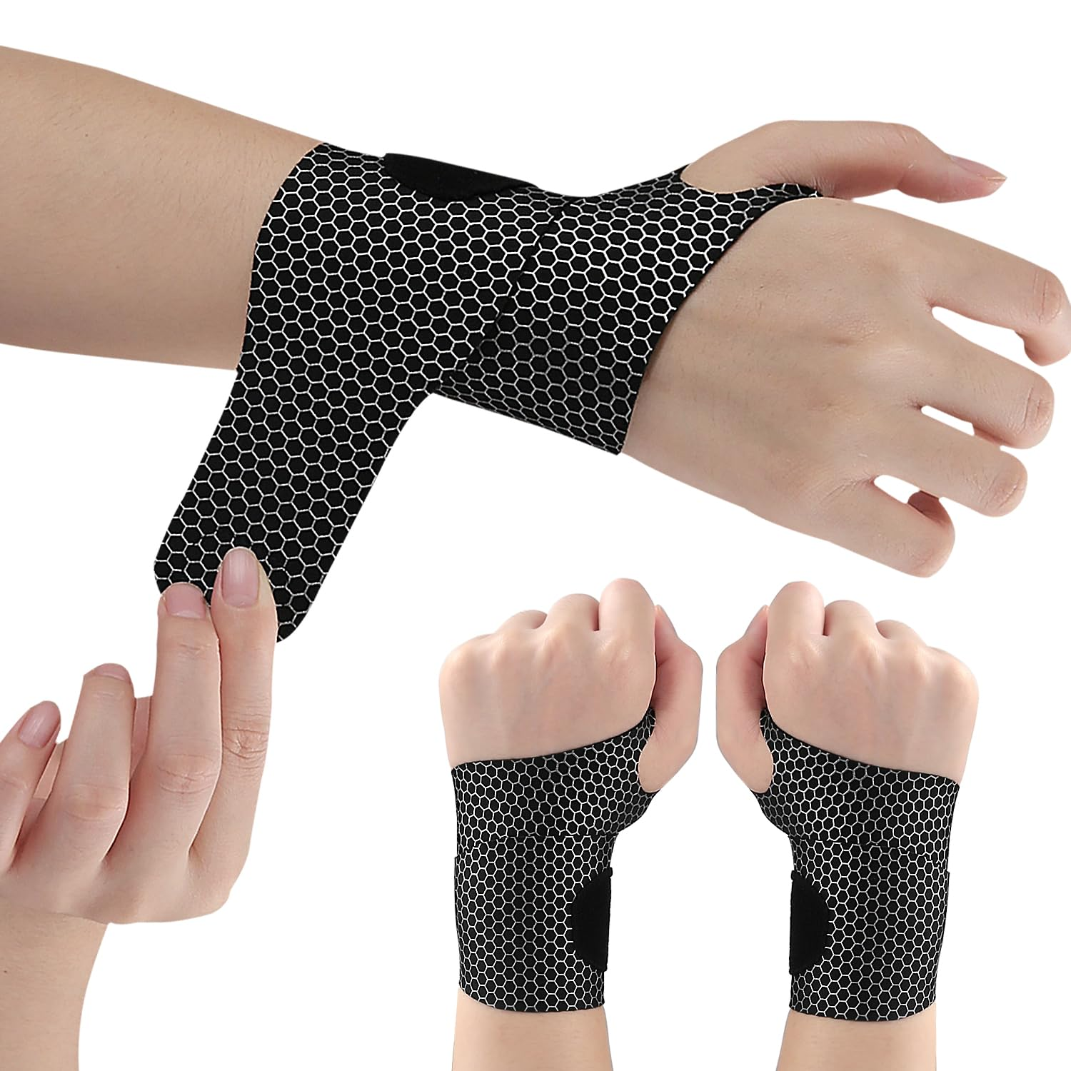 2 Pcs Ultra-Thin Wrist Brace and Compression Wraps - Elastic Adjustable Carpal Tunnel Support Sleeves for Sports Fitness (Black) - Black image number 6