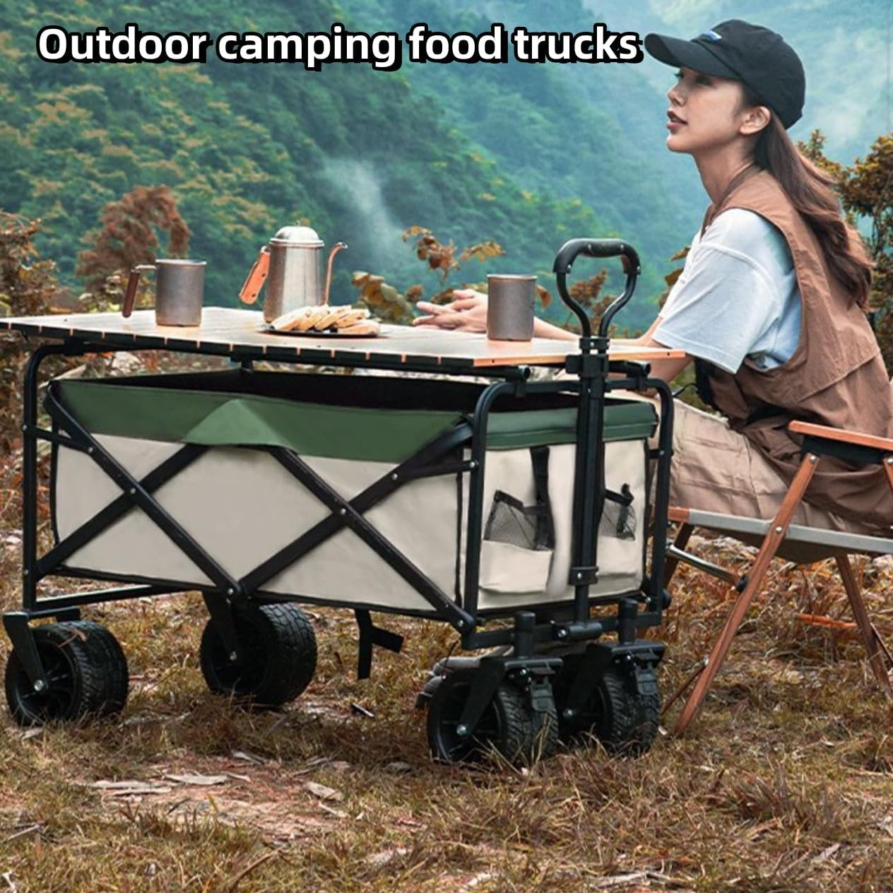 Collapsible Wagons Carts Foldable, Wagon Cart with Wheels, Heavy Duty Wagon 80L, 100Kg Beach Cart, 5CM Wide Big Wheels & Adjustable Utility Wagon, Garden Cart, Yard Cart, Small Wagon (Black) image number 1