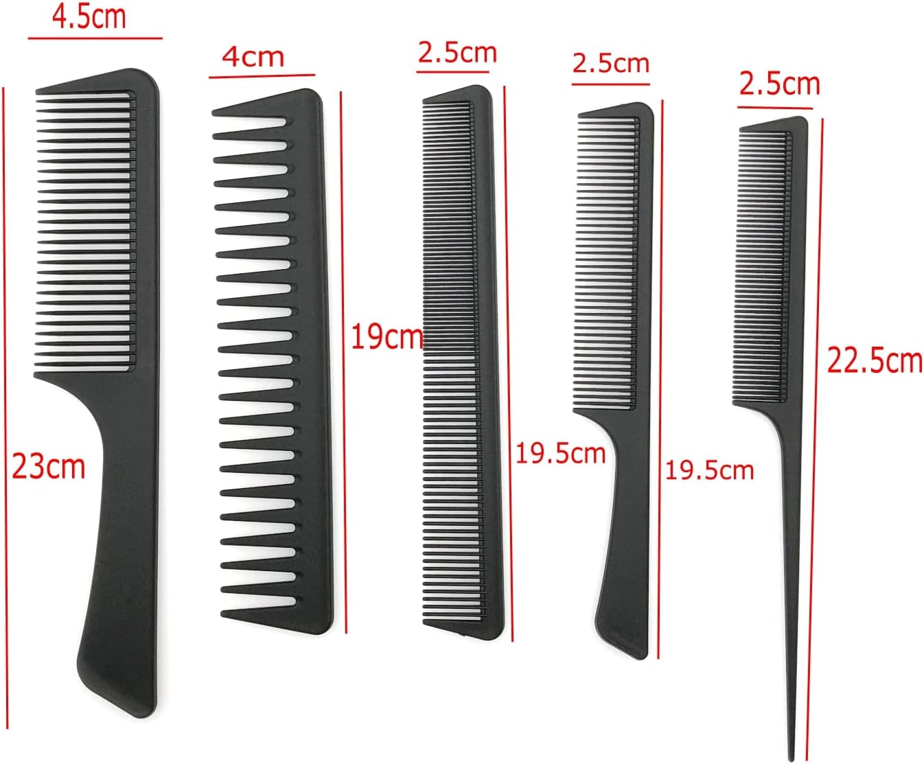JZK 5 X Black Hair Combs Set, Wide Tooth Comb Fine Tail Comb Hair Styling Hairdressing Combs for Home Salon for Women and Men image number 1